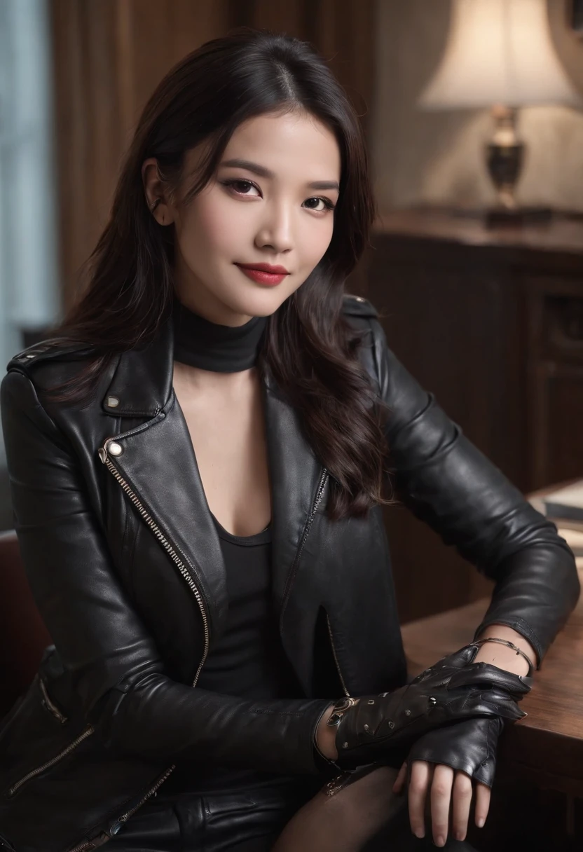 Wearing black leather gloves in both hands Upper body Black leather riders jacket Black leather skinny pants Black leather long boots Necklace on the chest Smiling at the desk in the modern study in the dark, long straight black hair Young Japanese woman (black leather gloves cover both hands) With the fingers of black leather gloves, sitting on a leather chair, working on the computer, staring at the screen