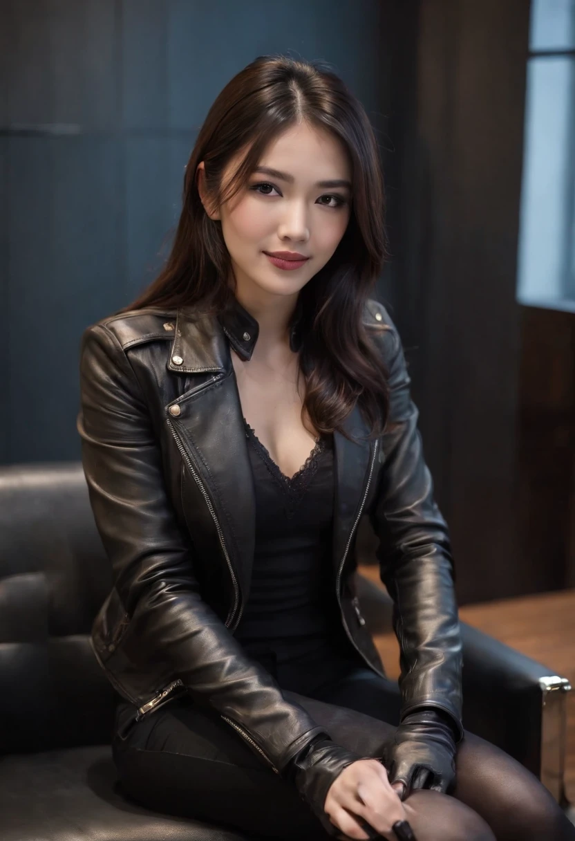 Wearing black leather gloves in both hands Upper body Black leather riders jacket Black leather skinny pants Black leather long boots Necklace on the chest Smiling at the desk in the modern study in the dark, long straight black hair Young Japanese woman (black leather gloves cover both hands) With the fingers of black leather gloves, sitting on a leather chair, working on the computer, staring at the screen