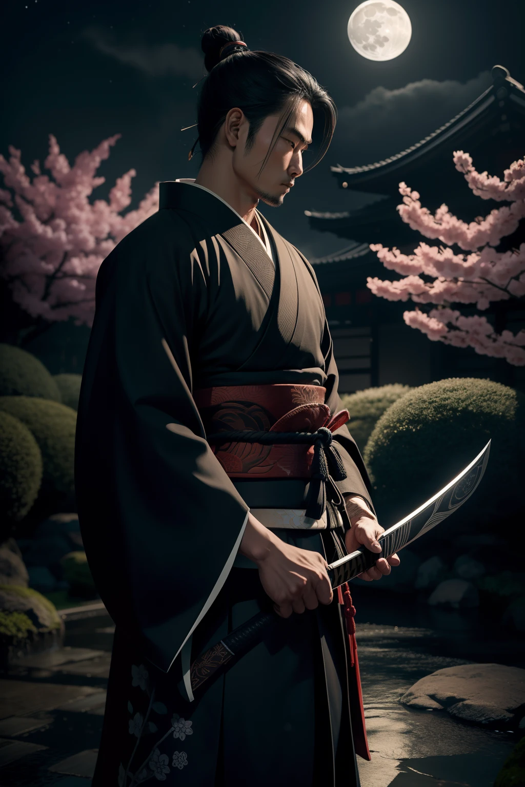 A samurai assassin standing in a moonlit garden, expertly wielding a katana with deadly precision. The assassin's eyes glimmer with determination and focus, while his lips are set in a determined line. The samurai's face is intricately detailed, capturing every contour and expression. He wears a traditional kimono, adorned with intricate patterns and symbols of his clan.

The artwork is created in a medium reminiscent of Japanese ink wash paintings, with bold brushstrokes and a monochromatic color palette. The artist's masterful technique brings out the intensity and power of the samurai's presence.

The garden surrounding the samurai is meticulously designed, with lush greenery and delicate cherry blossom trees. A full moon shines brightly in the night sky, casting a soft glow on the scene and illuminating the assassin's path. The atmosphere is filled with an air of mystery and danger, adding to the tension of the moment.

The image is of the highest quality, with every detail captured flawlessly in ultra-high resolution. The textures on the kimono and the intricate patterns are rendered with extreme precision. The lighting is carefully crafted to enhance the dramatic effect, with deep shadows and subtle highlights.

Overall, the artwork exudes a sense of elegance and power, combining traditional Japanese aesthetics with a touch of modernity. The monochromatic color palette, combined with the exquisite details, creates a captivating and immersive experience for the viewer.