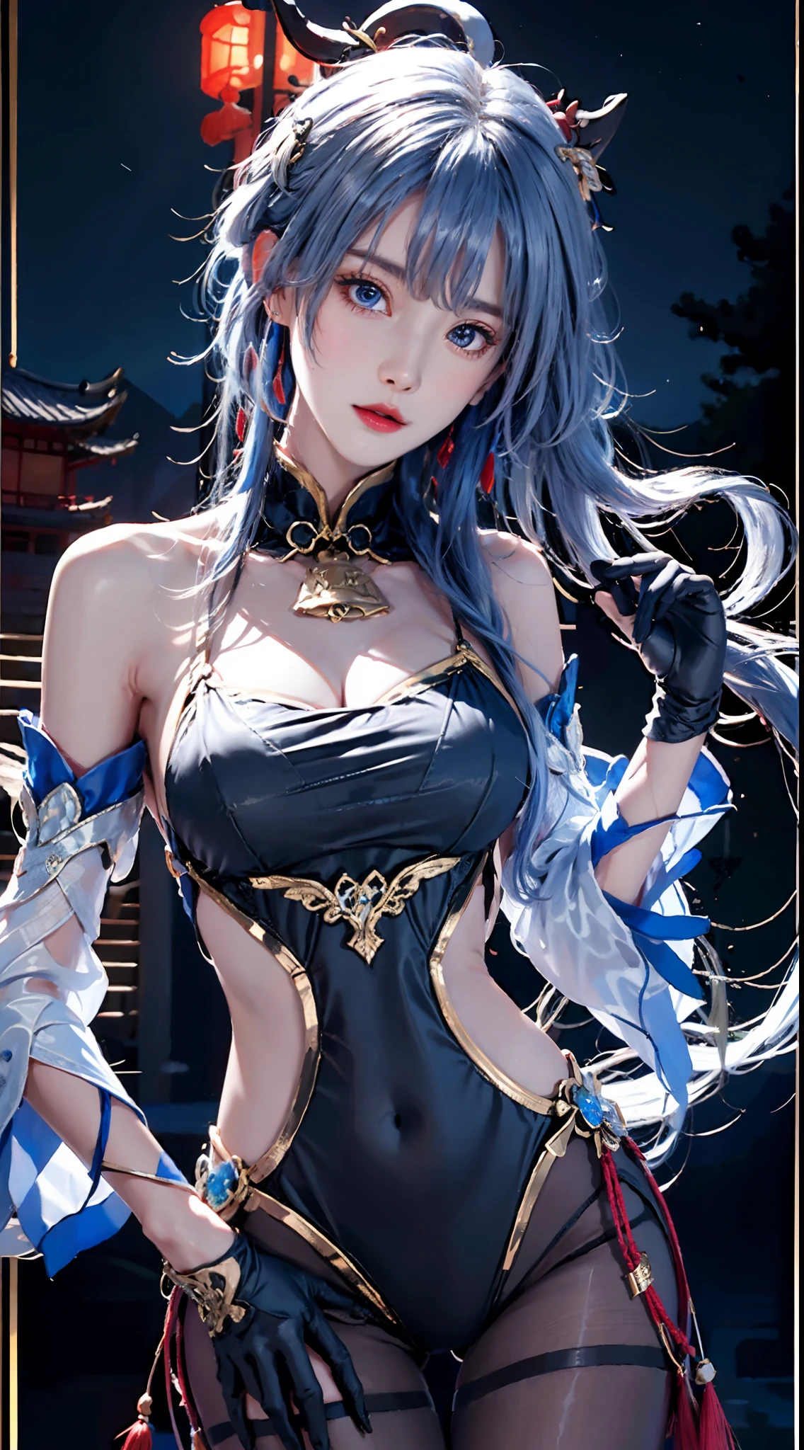 photorealistic, high resolution,masterpiece,best quality,ultra-detailed, 1women, hips up, blue eyes, ahoge, architecture, bangs, bare shoulders, bell, black gloves, black pantyhose, (blue hair), blush, breasts, chinese knot, detached sleeves, east asian architecture, flower knot, gloves, horns, long hair, medium breasts, neck bell, night, outdoors, pantyhose, purple eyes, tassel, white sleeves , intricate,