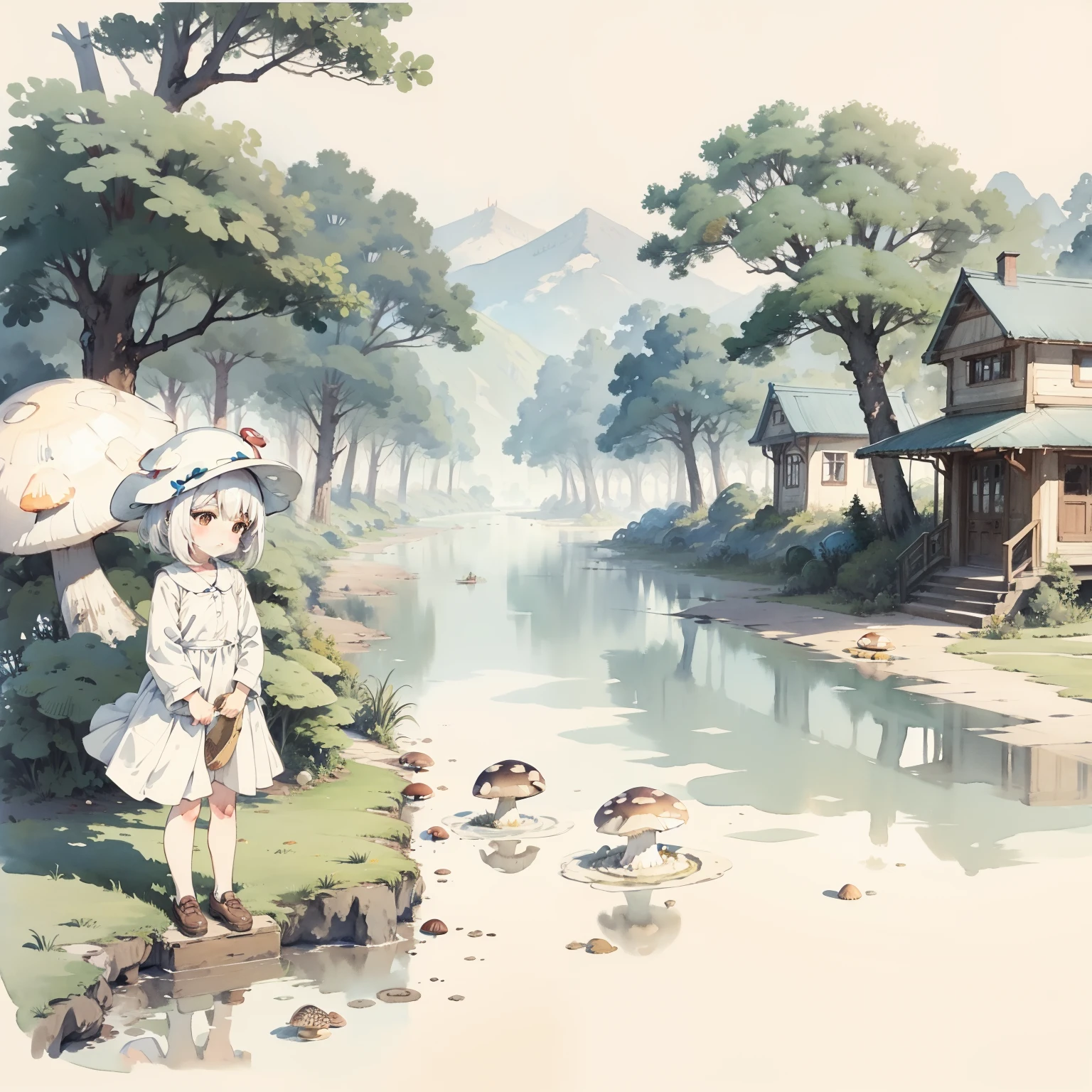 Watercolor illustration, Perfect anatomy, Masterpiece, Best quality, 1girll, Loli,elementary student， Solo, (with short white hair:1.2), Huge mushroom building city，Nature, landscape