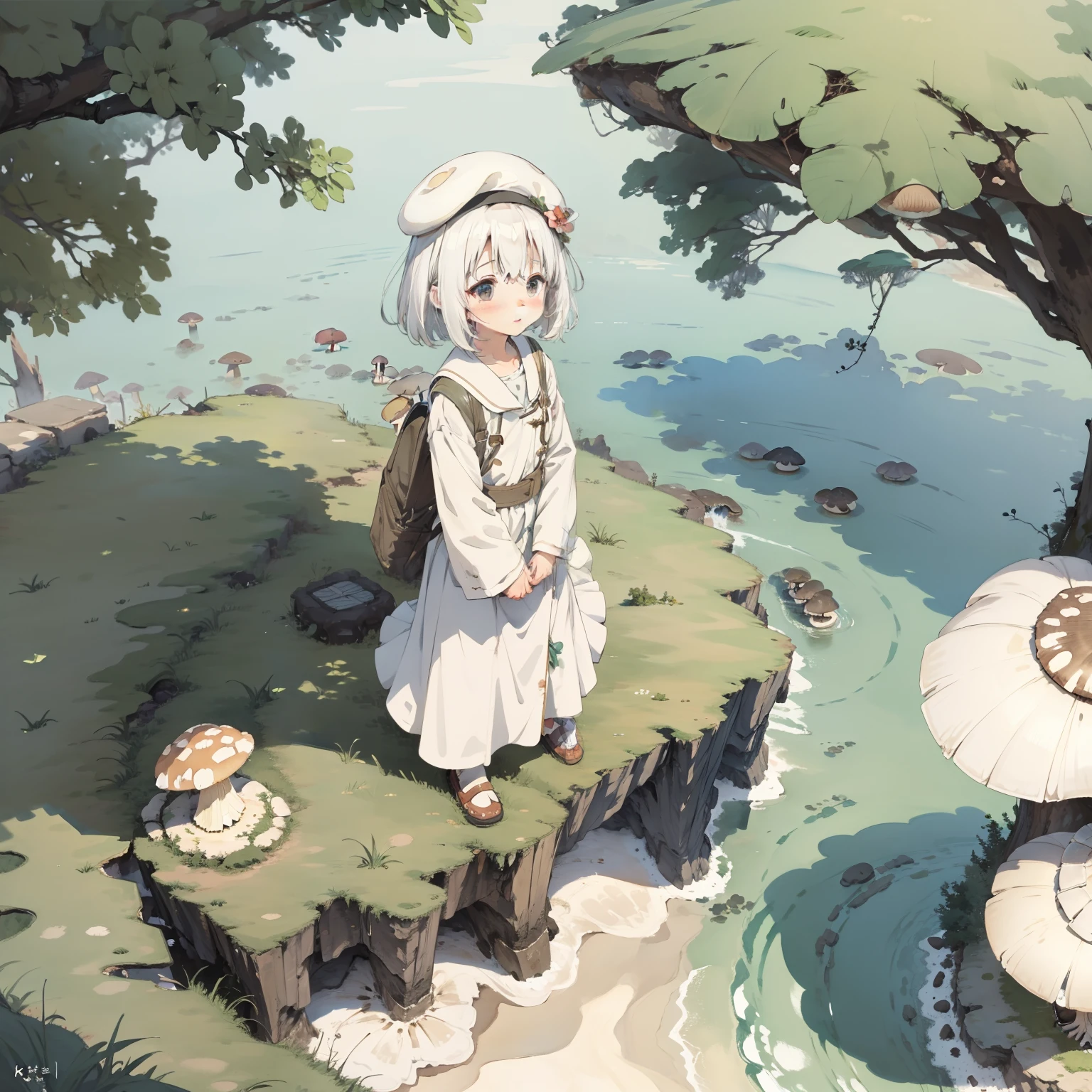 Watercolor illustration, Perfect anatomy, Masterpiece, Best quality, 1girll, Loli,, Solo, (with short white hair:1.2), Huge mushroom building city,Nature, landscape