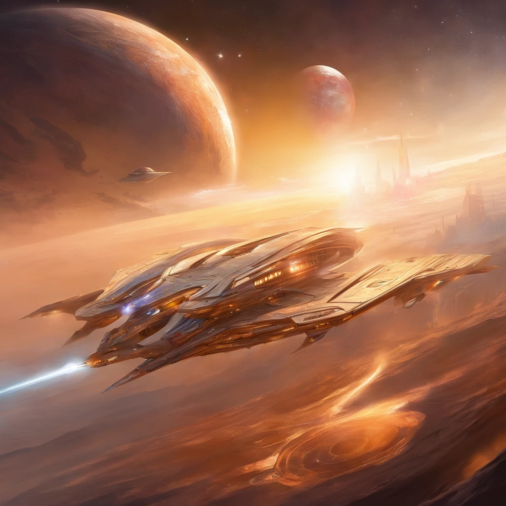 Condenes freighter spacecraft, 50 metros de comprometo, blindagem, ouro, branco, metal. futuristic warship background in futuristic shape flying through space