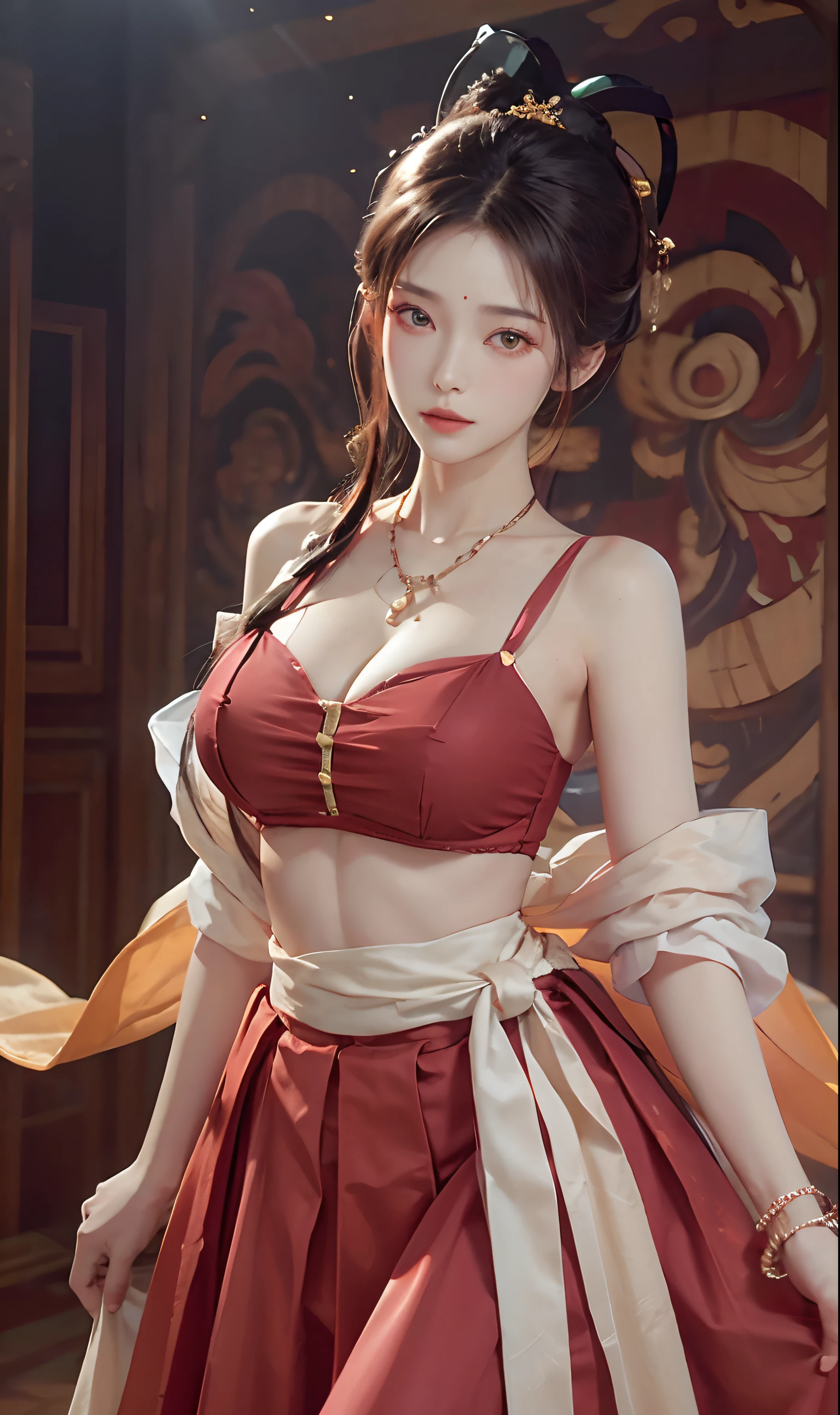 (RAW photogr,best qualtiy), best qualtiy, The is very detailed, tmasterpiece, ultra - detailed, illustratio, one-girl, (huge boob,cleavage), dynamic angle, best qualtiy, extremely detailed CG unity 8k wal,电影灯光,Dunhuang-style women wear waist skirts,Upper body dark red collared shirt,Wrapped in a heavy chest,The waist is just tied around the waist,Pendant with pressed skirt beads,The skirt is a pale white pleated skirt;Eyes like apricots,The lips are lit with vermilion rouge,With an intellectual temperament,Beautiful without losing stability and maturity。