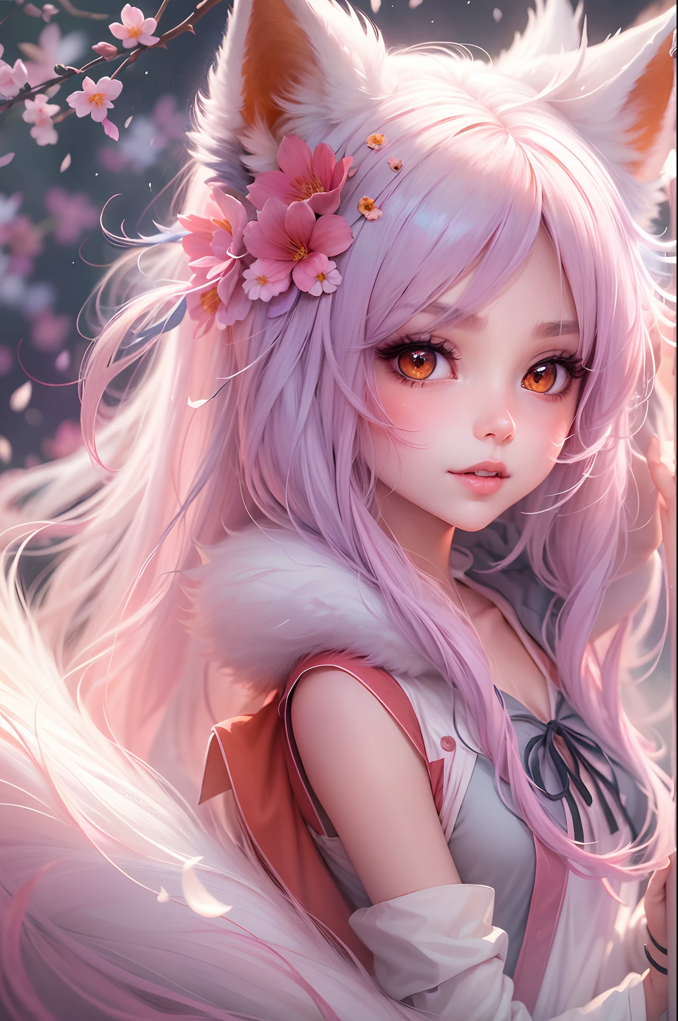 Nine snow-white fox tails (1.0), milky fox tail (1.0), fox close-up of nine tails, nine-tails, nine-tails, anime girl with pink hair and pink dress with flowers on her hair, very beautiful anime fox girl, beautiful anime fox girl, beautiful fantasy anime, guweiz, anime girl with fox ears, beautiful anime girl, very beautiful and cute fox girl, pink flower rain, background blur, anime style 4 K, anime fantasy artwork, 4k anime wallpaper, Artwork in the Guvez style