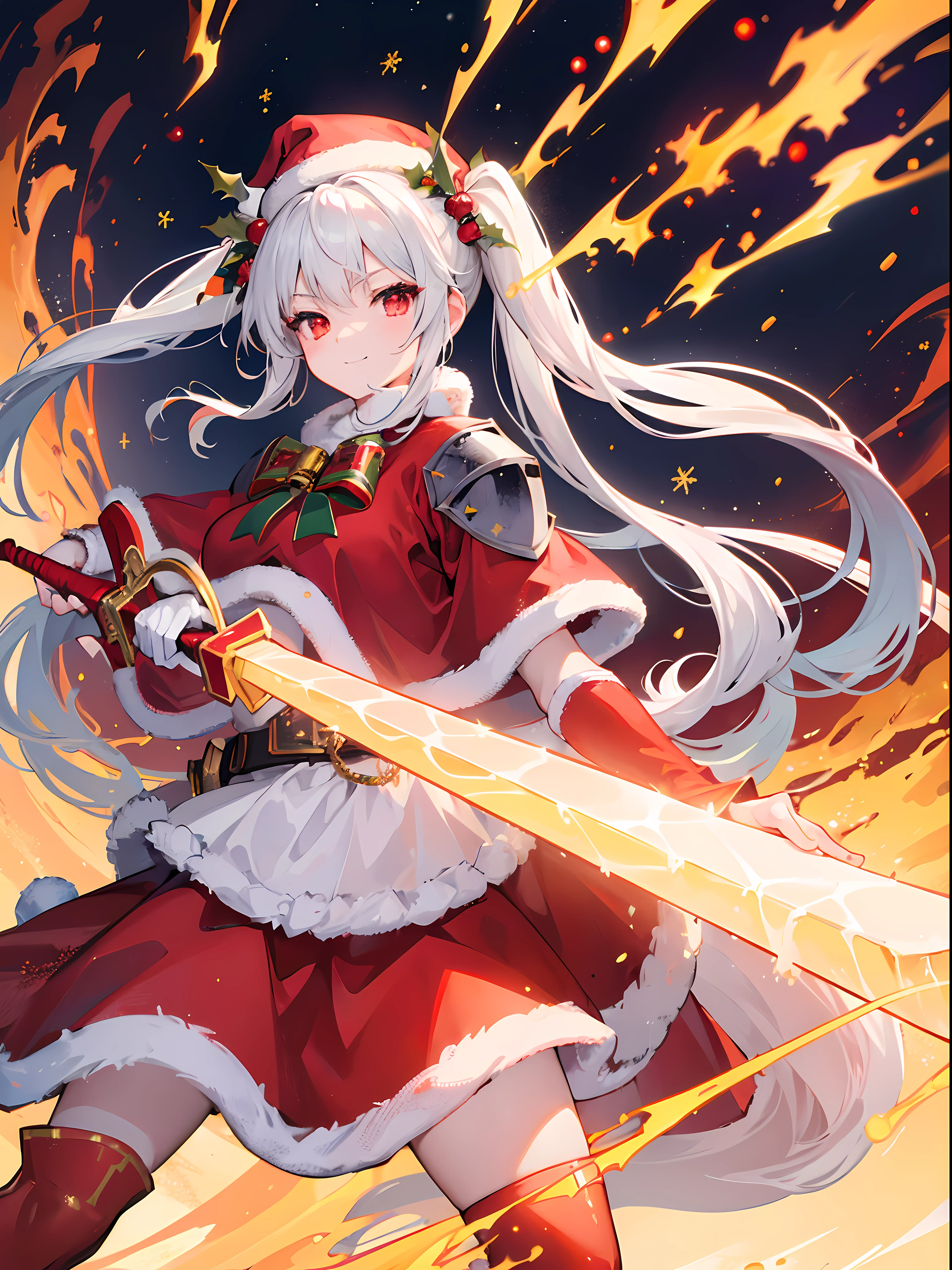 (Best Quality, masterpiece:1.3), Illustrations, Anime, Very high resolution, large filesize, full color, Beautiful detailed glow, Front light, 1girl, Solo, Christmas, (santa hat), ((Santa costume|Knight armor:1.3)), (gigantic sword:1.2), burning sword, Christmas Decorations, Smiling, White hair, Red Eyes, (Twintails), (Burning effects:1.4), Fighting, (Burning Background:1.4), (Fire effect around the girl:1.2),