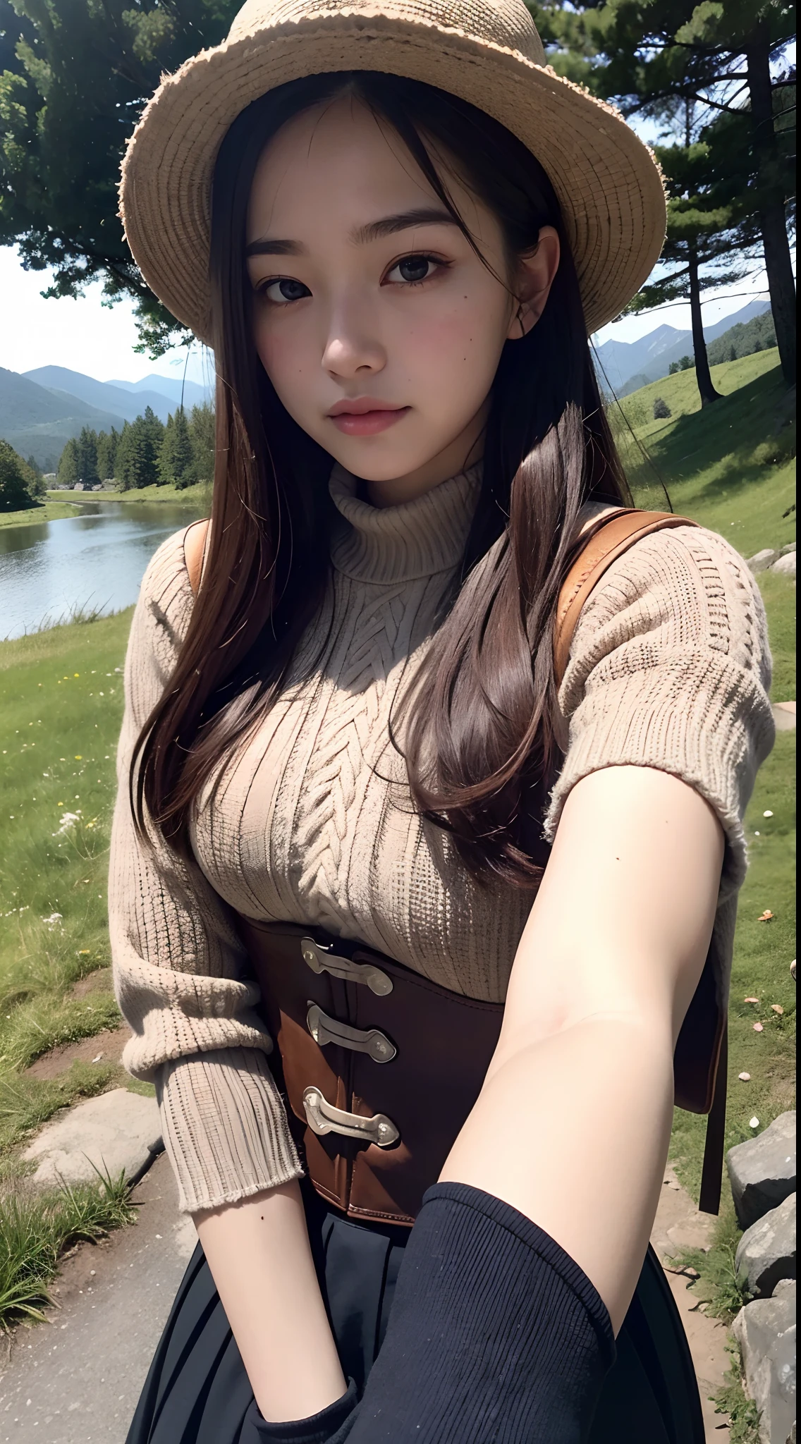 ((Upper body selfie, Happy)), masutepiece, Best Quality, Ultra-detailed, Solo, Outdoors, (Night), mountainscape, Nature, (Stars, Moon) Cheerful, Happy, backpack, sleeping bag, Camping stove, water bottle, Mountain boots, gloves, Sweaters, hat, flash lights, forest, boulders, River, Wood, Smoke, shadowy, Contrasty, crystal clear skies, analog style (look at viewr:1.2) (Skin Texture) (Film grain:1.3), (warm hue, warm tone:1.2), close up, Cinematic Light, side lights, 超A high resolution, Best Shadow, raw, Upper body, wearing corset, (((Blushing)))