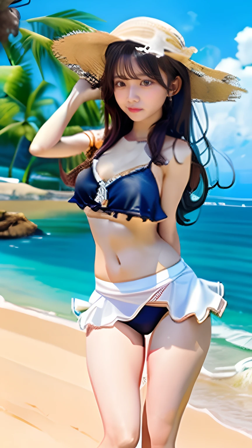 Full body, (from bellow),((ruffle bikini)),low rise pants,Open legs,((Skirt lift)),Slander body, Big Breast, a straw fedora hat,Beach, 1人の女性,Cute face, Standing, Constricted waist,top-quality,masterpiece,Vivid as a photo,Realistic,Photorealistic,Ultra-high delicate,Ray tracing