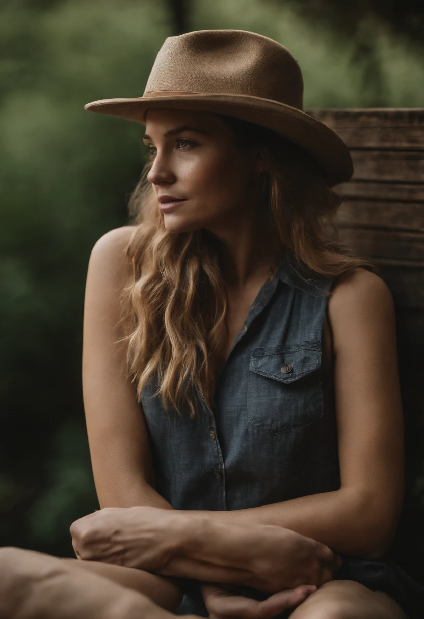 To create a portrait of a 27-year-old woman who is completely ?????, with her legs open and her hair long, but her right eye is hidden by half of her hair. The photo must be very realistic
