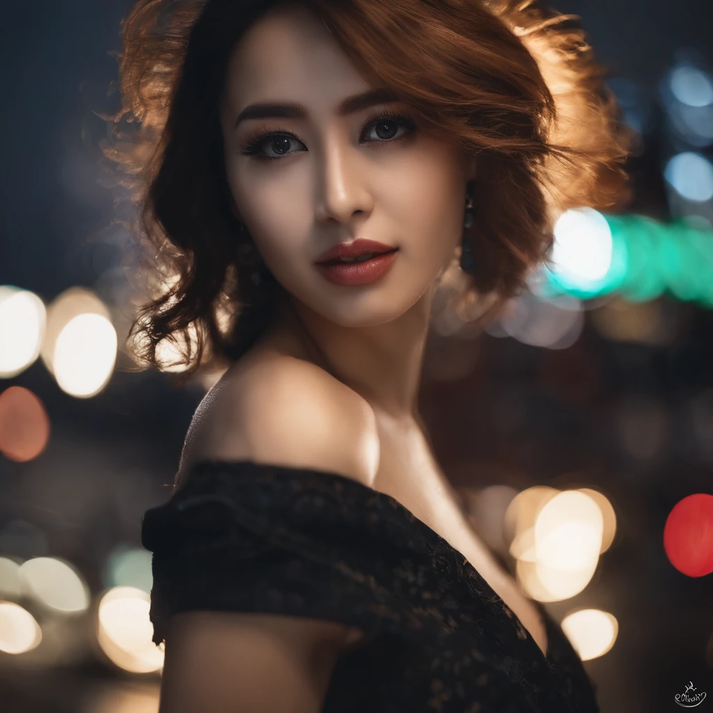 1girl, Tokyo Street, natta, view over city, City lights,largeeyes,Delicate facial features,Beautiful body, The upper part of the body, closeup cleavage, 8k, RAW photos, best qualtiy, tmasterpiece, realisticlying, photograph realistic,