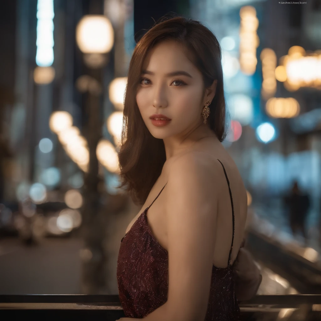 1girl, Tokyo Street, natta, view over city, City lights,largeeyes,Delicate facial features,Beautiful body, The upper part of the body, closeup cleavage, 8k, RAW photos, best qualtiy, tmasterpiece, realisticlying, photograph realistic,