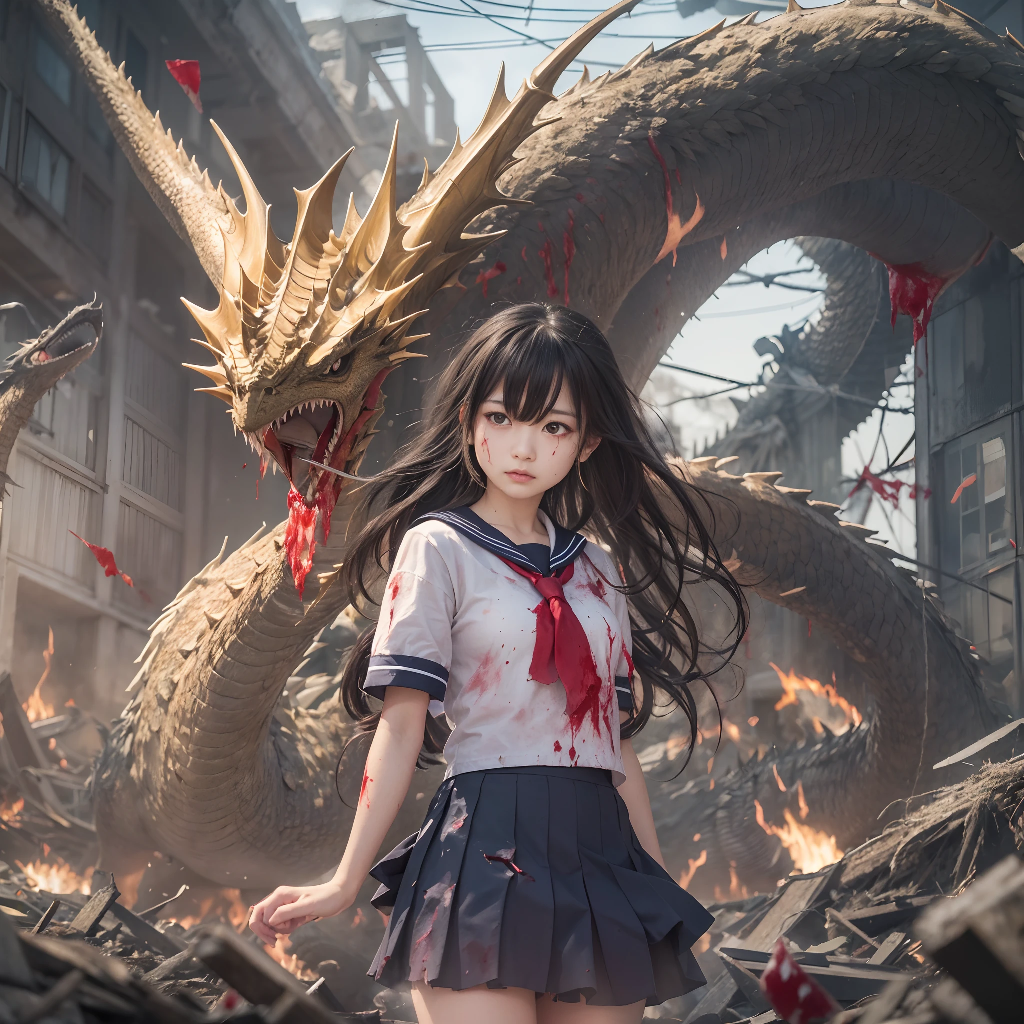 (in 8K、RAW Photos、top-quality、masterpiece:1.2)、(realisitic、Photorealsitic:1.37)、ultra-detailliert、超A high resolution、(King Ghidorah、Golden Dragon:1.2)、Beautiful -yeld hischool girl in Japan attacked by giant King Ghidorah in devastated Tokyo、terrified expression、School Uniforms、Schoolgirl Uniform、(Torn and dirty tattered sailor suit:1.2)、disheveled clothing、ripped fabric、(Clothes with blood stains:1.2)、Short pleated skirt、(Torn skirt:1.2)、Dirty hair、smudged face、(skin stained with blood and dust:1.2)、Running through the rubble、building crumbling、Burning flame、stunningly beautiful face、dynamic ungle、动态照明