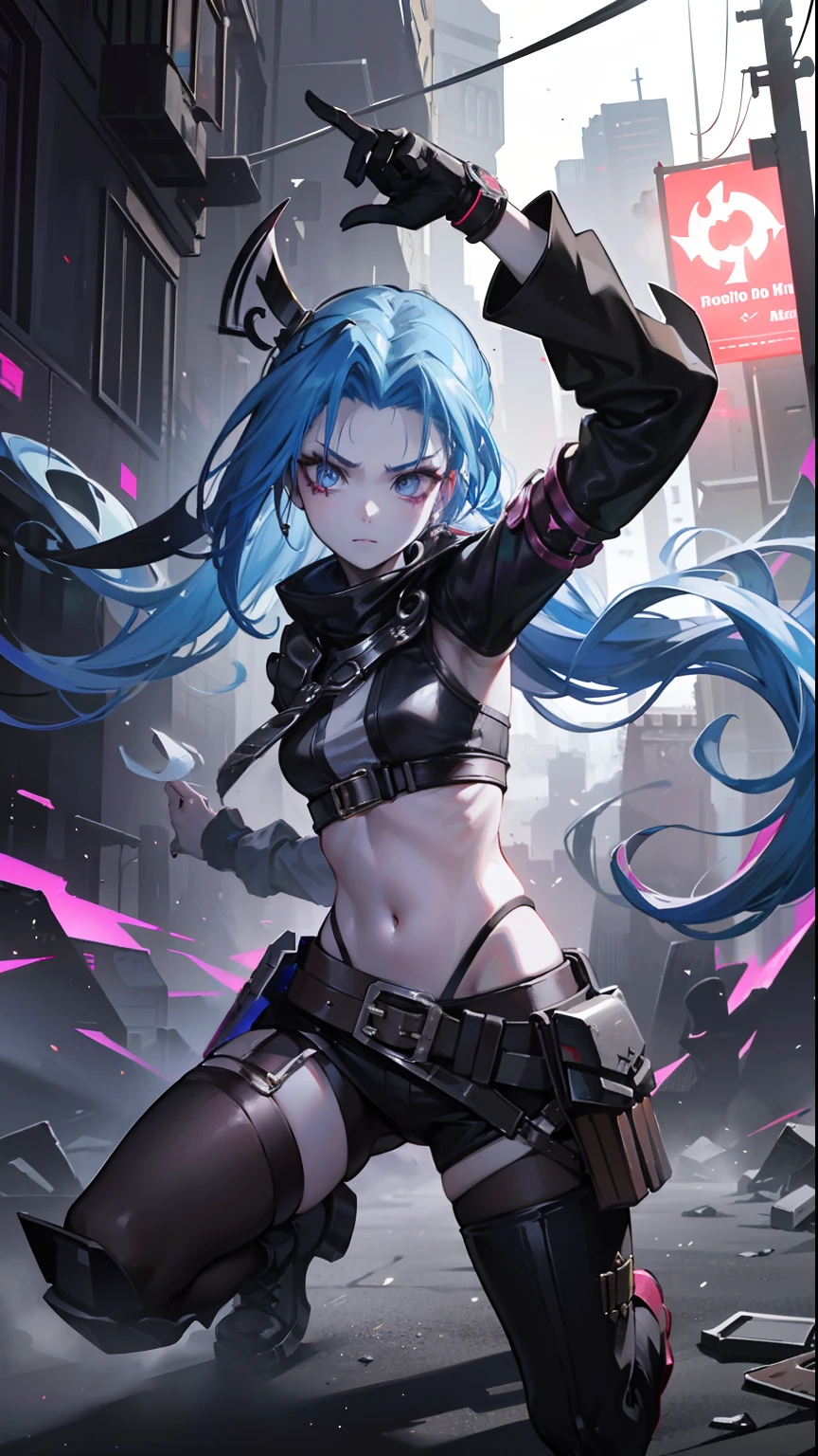 ((Best quality)), ((masterpiece)), (highly detailed:1.3), 3D, arcane style,In the dark and gritty dystopian city Piltover, plagued by violence and divided into two opposing factions, a young prodigy named Jinx emerges. Having endured unimaginable loss and abandonment, she has embraced a life of chaos and destruction. Known for her inventive and explosive abilities, Jinx becomes an icon of rebellion against the oppressive forces controlling the city. However, haunted by guilt and battling inner demons, she must confront her past and decide whether to continue down the path of anarchy or seek redemption amidst the turmoil. Explore the journey of Jinx as she navigates a treacherous world, fighting for survival, unraveling secrets, and discovering the true meaning of her twisted existencechaos reigns supreme, and at the heart of it all is Jinx, the embodiment of unpredictability. Delve deep into the twisted mind of Jinx, exploring the origins of her madness and the driving force behind her destructive nature. Unveil the moments that shaped her into the deranged and iconic character we know. Take us on a wild journey through the vibrant streets of Piltover and the grim underbelly of Zaun as Jinx wreaks havoc with her explosive arsenal. Can redemption ever find its way into Jinx's fractured soul? Or will she forever dance on the edge of sanity, embracing the chaos that fuels her very existence? The fate of Arcane hangs in the balance as Jinx's path intertwines with unlikely allies and formidable foes. Ignite your imagination and paint a vivid portrait of Jinx's twisted psyche, capturing the essence of her madness and the untamed spirit that defines her,HDR (High Dynamic Range),Ray Tracing,NVIDIA RTX,Super-Resolution,Unreal 5,Subsurface scattering,PBR Texturing,Post-processing,Anisotropic Filtering,Depth-of-field,Maximum clarity and sharpness,Multi-layered textures,Albedo and Specular maps,Surface shading,Accurate simulation of light-material interaction,Perfect proportion
