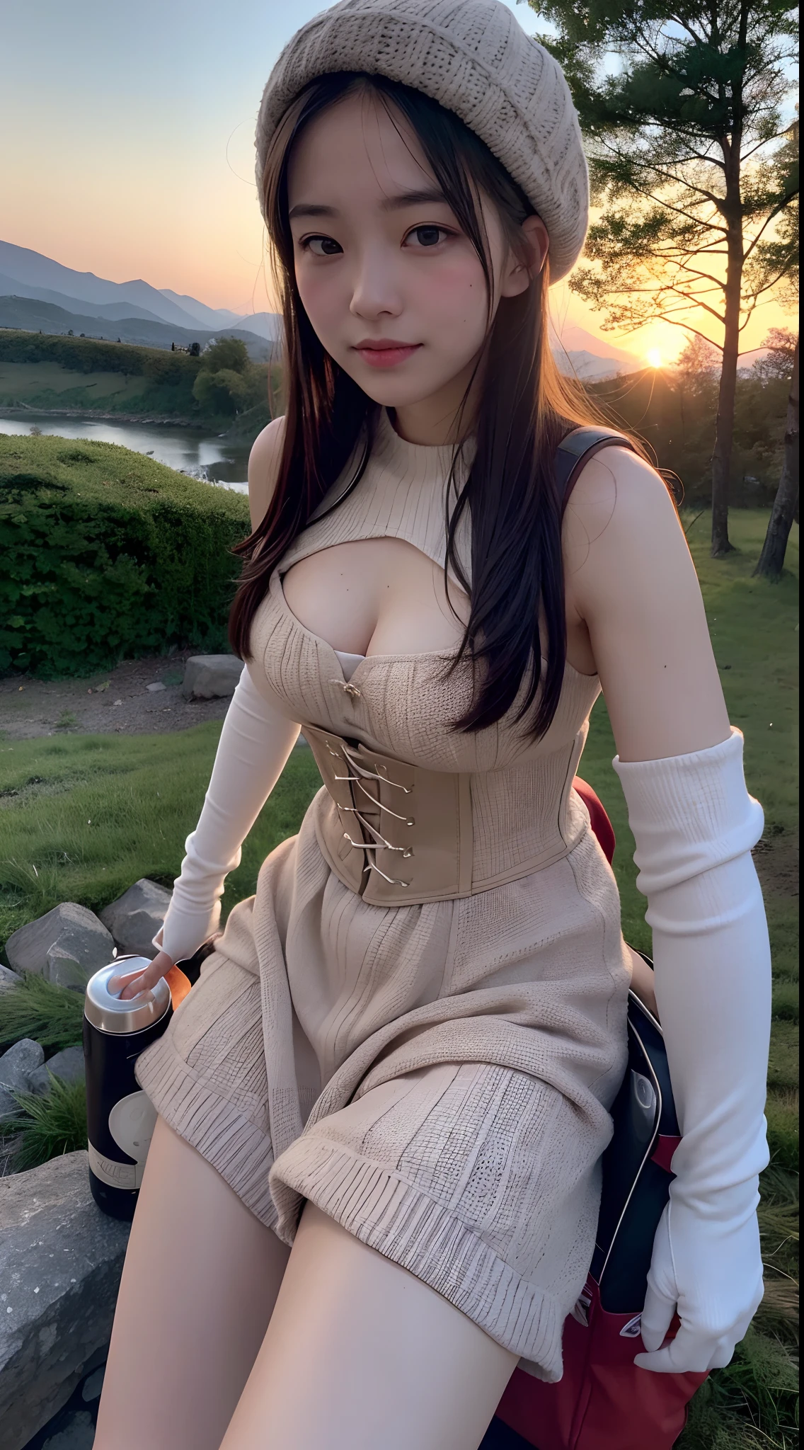 ((Upper body selfie, Happy)), masutepiece, Best Quality, Ultra-detailed, Solo, Outdoors, (Night), mountainscape, Nature, (Stars, Moon) Cheerful, Happy, backpack, sleeping bag, Camping stove, water bottle, Mountain boots, gloves, Sweaters, hat, flash lights, forest, boulders, River, Wood, Smoke, shadowy, Contrasty, crystal clear skies, analog style (look at viewr:1.2) (Skin Texture) (Film grain:1.3), (warm hue, warm tone:1.2), close up, Cinematic Light, side lights, 超A high resolution, Best Shadow, raw, Upper body, wearing corset, (((Blushing)))