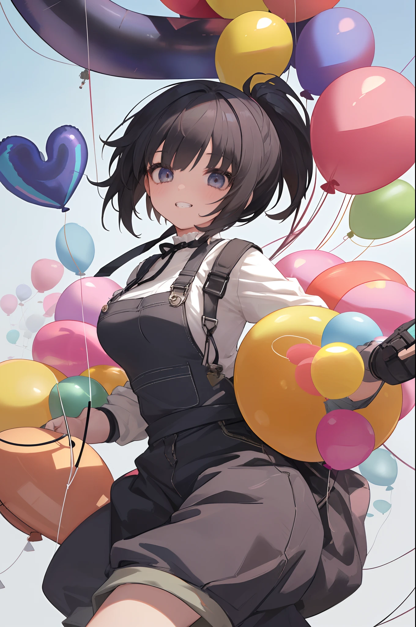 (anime,8k,masterpiece, top quality, best quality,beautiful and aesthetic:1.2,professional illustrasion:1.1,ultra detail:1.3,perfect lighting),extremely detailed,highest detailed,incredibly absurdres , highres, ultra detailed,intricate:1.6,BREAK
The main character, a balloon fighter, who ((((floats in the air holding onto a balloon:1.4)))), battles with an enemy who floats in the air holding onto a balloon by splitting the balloon.
,(girl),(Three kingdoms female warload),(highly detailed beautiful face and eyes,firm breasts),oily skin,((black,hair,short bob with short pony tail hair)), cute,lovely,overalls,grin,she carries many ((balloons:1.3)) on her back.