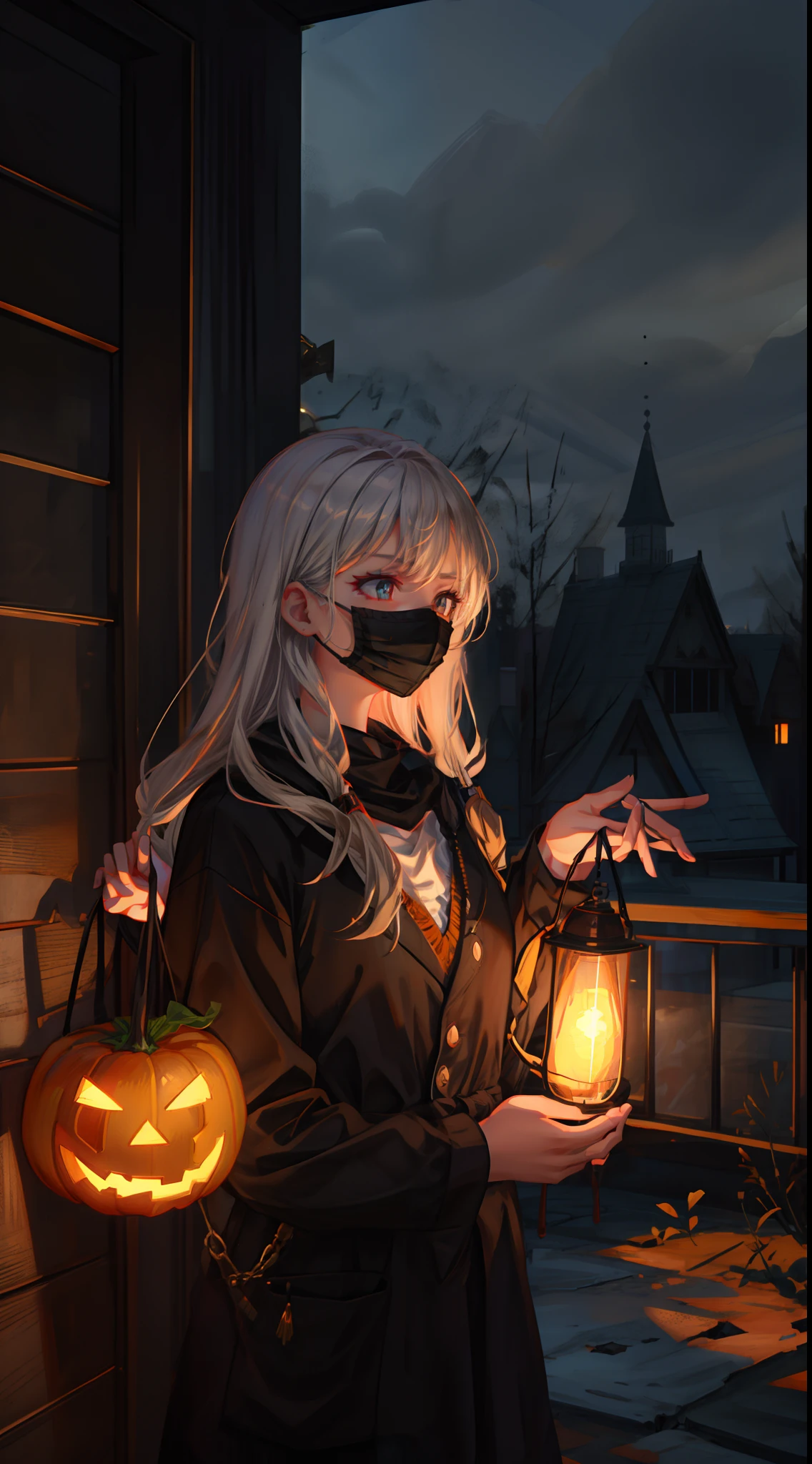 1 girl, upper body, single focus, chilling beauty, Michael Myers-inspired attire, masked and stoic, (haunted house backdrop: 1.4), (relentless pursuit: 1.3), chilling features, eerie aura, [depth of field, ambient lighting, creepy atmosphere foreground, haunting ambiance], Halloween Horror, relentless stalker, eerie presence, (bloody knife), (flickering porch light: 1.2), intricate details, enhanced lighting.