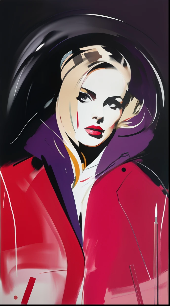 David downton fashion illustration, blonde woman purple hoodie, red leather jacket, feminine, artistic brushstrokes