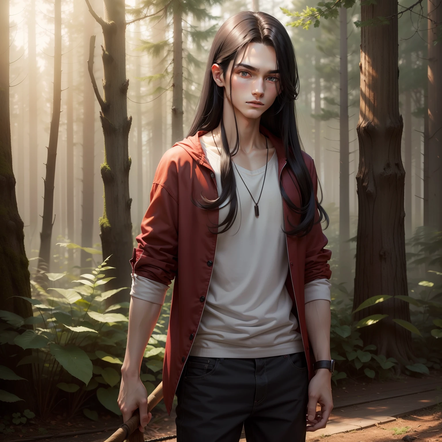 Male, Casual Outfit, Black Hair, Long Hair, Crimson Eyes, Tip of hair color is red, 16 Year Old, 4'10 height, Bo Staff, Forest inside the background