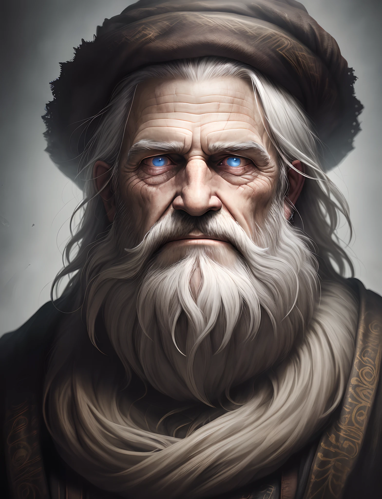 A portrait of a wizard, bearded, wrinkled, weathered, with piercing eyes, detailed face, high details, photography, dark studio, rim light,