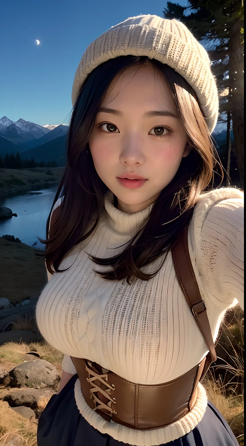 1 woman ((upper body selfie, happy)), masterpiece, best quality, ultra-detailed, solo, outdoors, (night), mountains, nature, (stars, moon) cheerful, happy, backpack, sleeping bag, camping stove, water bottle, mountain boots, gloves, sweater, hat, flashlight, forest, rocks, river, wood, smoke, shadows, contrast, clear sky, analog style (look at viewer:1.2) (skin texture) (film grain:1.3), (warm hue, warm tone:1.2), close up, cinematic light, sidelighting, ultra high res, best shadow, RAW, upper body, wearing pullover,naked girl at the campfire