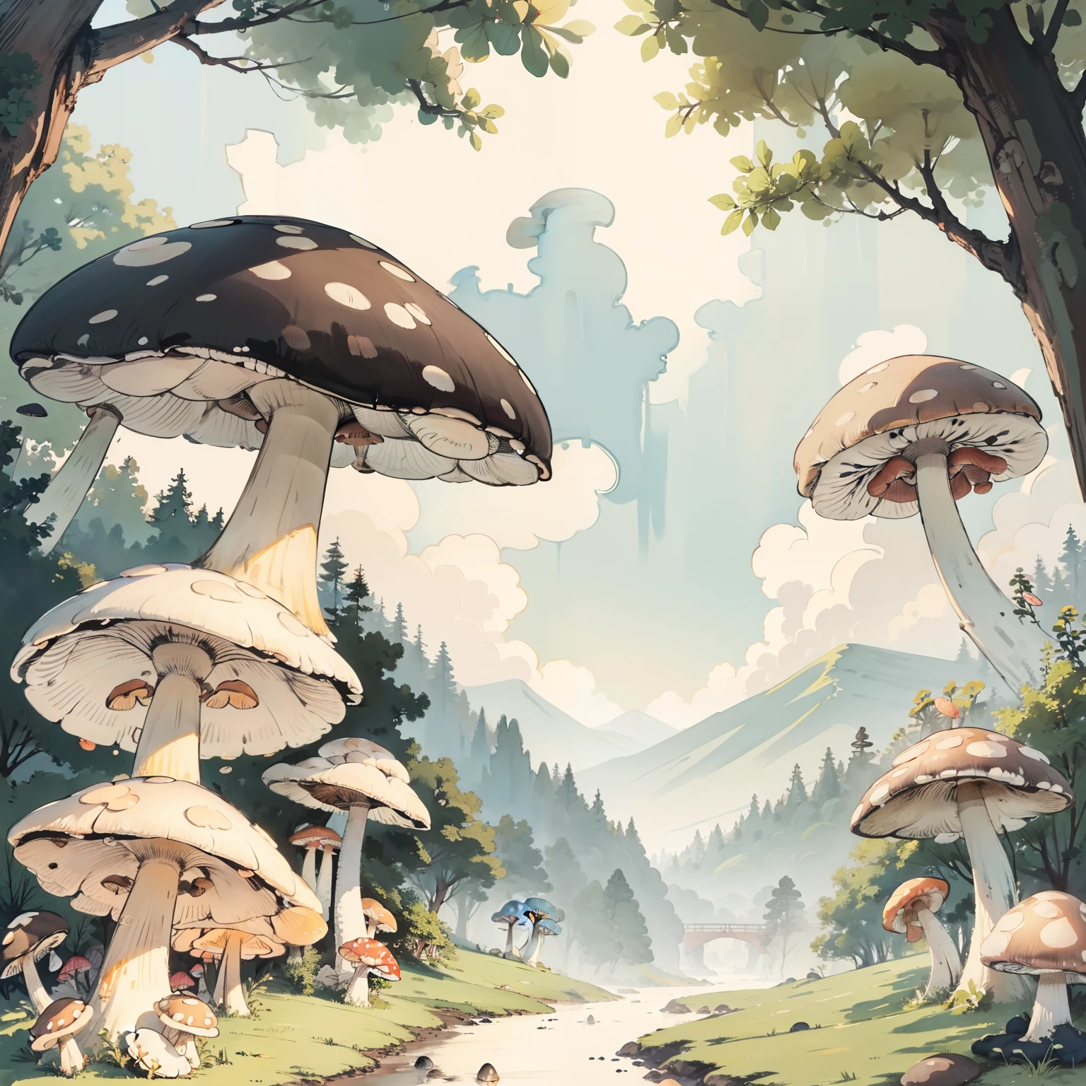 Watercolor illustration, Perfect anatomy, Masterpiece, Best quality, 1girll, li,elSolo, (with short white hair:1.2), Very many mushrooms,Huge mushrooms,Mushrooms penetrate the sky,Nature, landscape