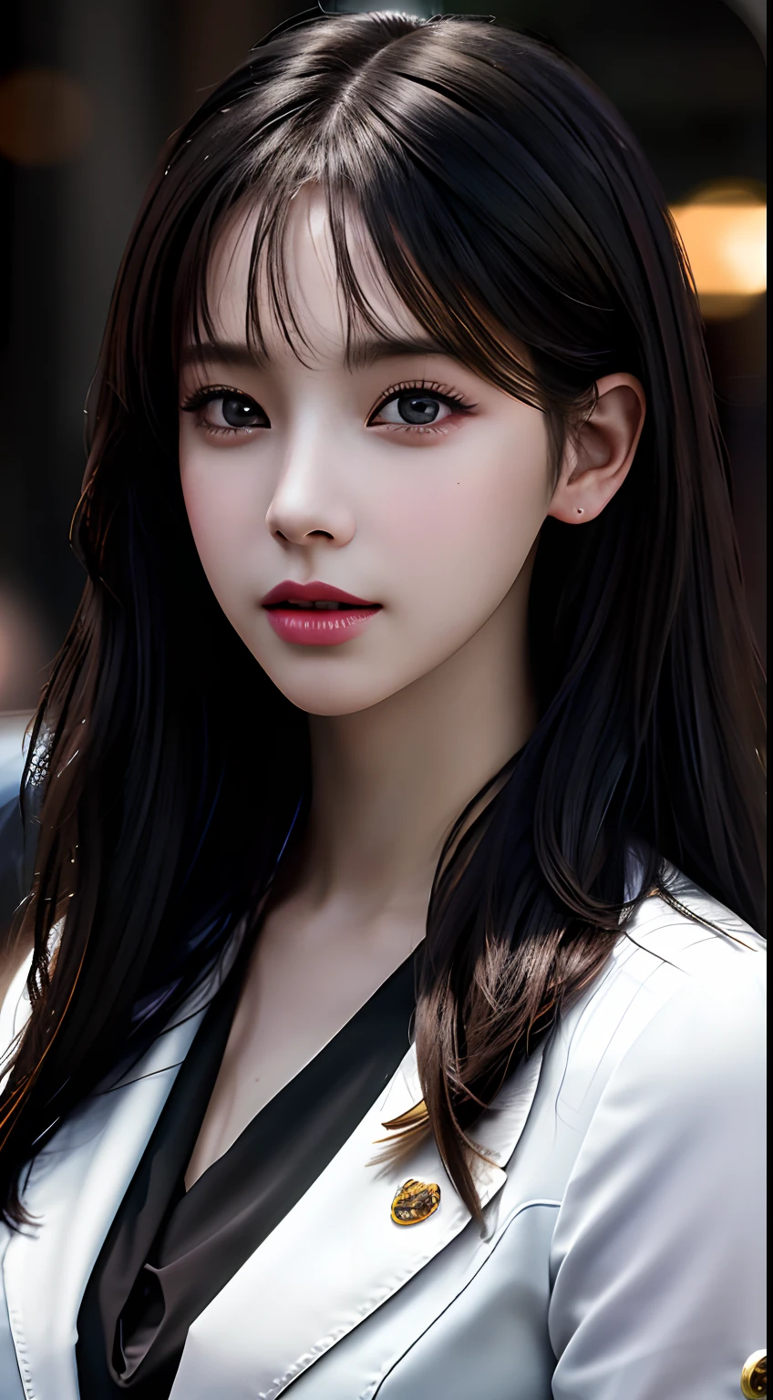 best quality, masterpiece, 1girl, Beautiful face, (photo realistic:1.3), rim lighting, (high detailed skin:1.2), 8k uhd, dslr, high quality, high resolution, 4k, 8k, Bokeh, absurdres, best ratio four finger and one thumb, (realistic:1.3), cute 1girl, wearing black formal blazer, medium breasts, short skirt,