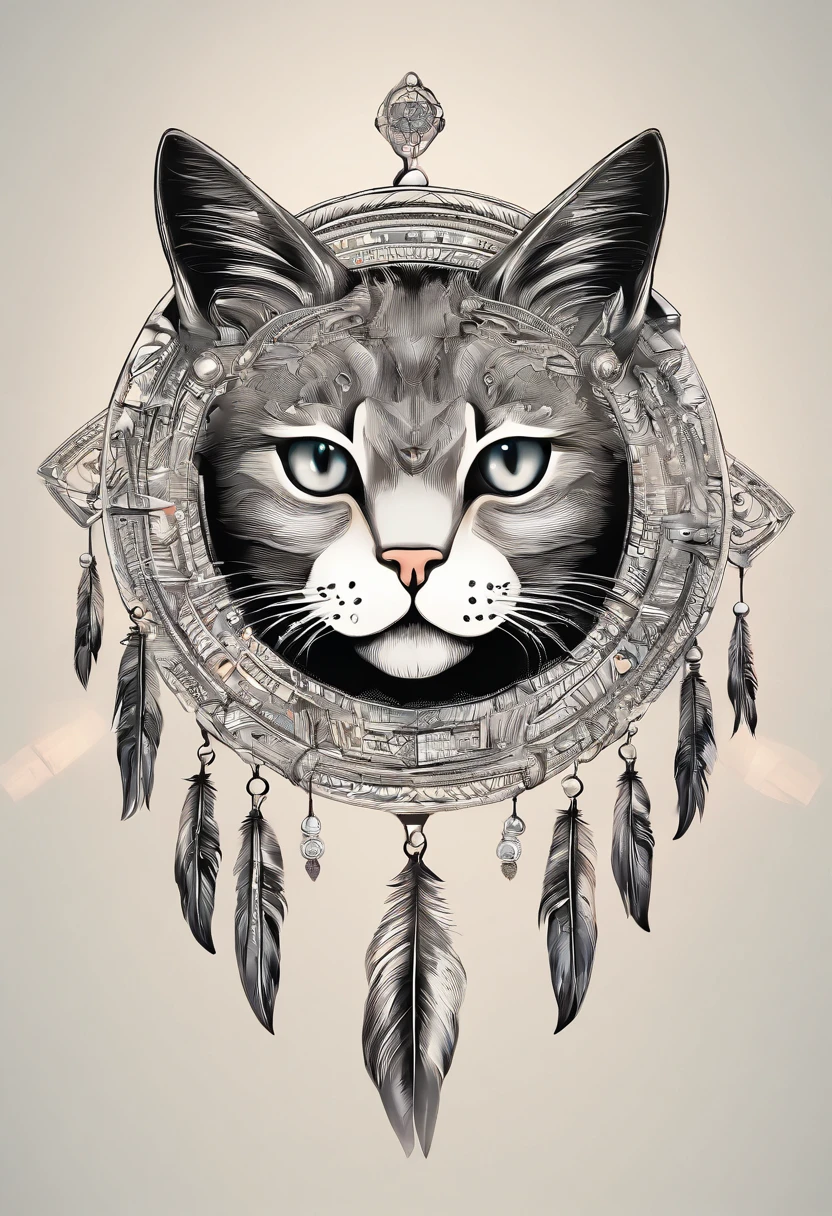 (Cat in the circle of dream catchers),"T-shirt design with cat face silhouette drawing circle, Crescent, and stars in the
