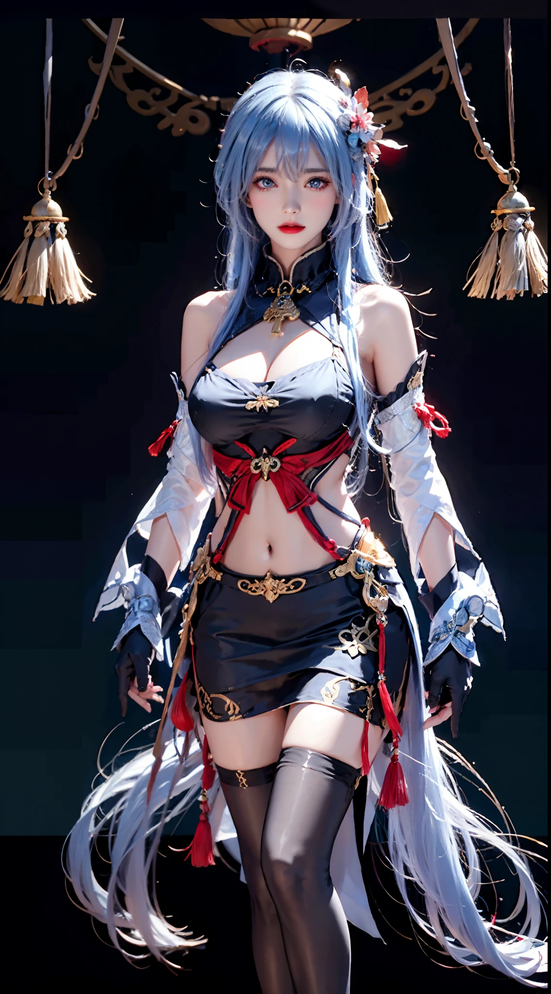 photorealistic, high resolution,masterpiece,best quality,ultra-detailed, 1women, hips up, blue eyes, ahoge, architecture, bangs, bare shoulders, bell, black gloves, black pantyhose, (blue hair), blush, breasts, chinese knot, detached sleeves, east asian architecture, flower knot, gloves, horns, long hair, medium breasts, neck bell, night, outdoors, pantyhose, purple eyes, tassel, white sleeves , intricate,