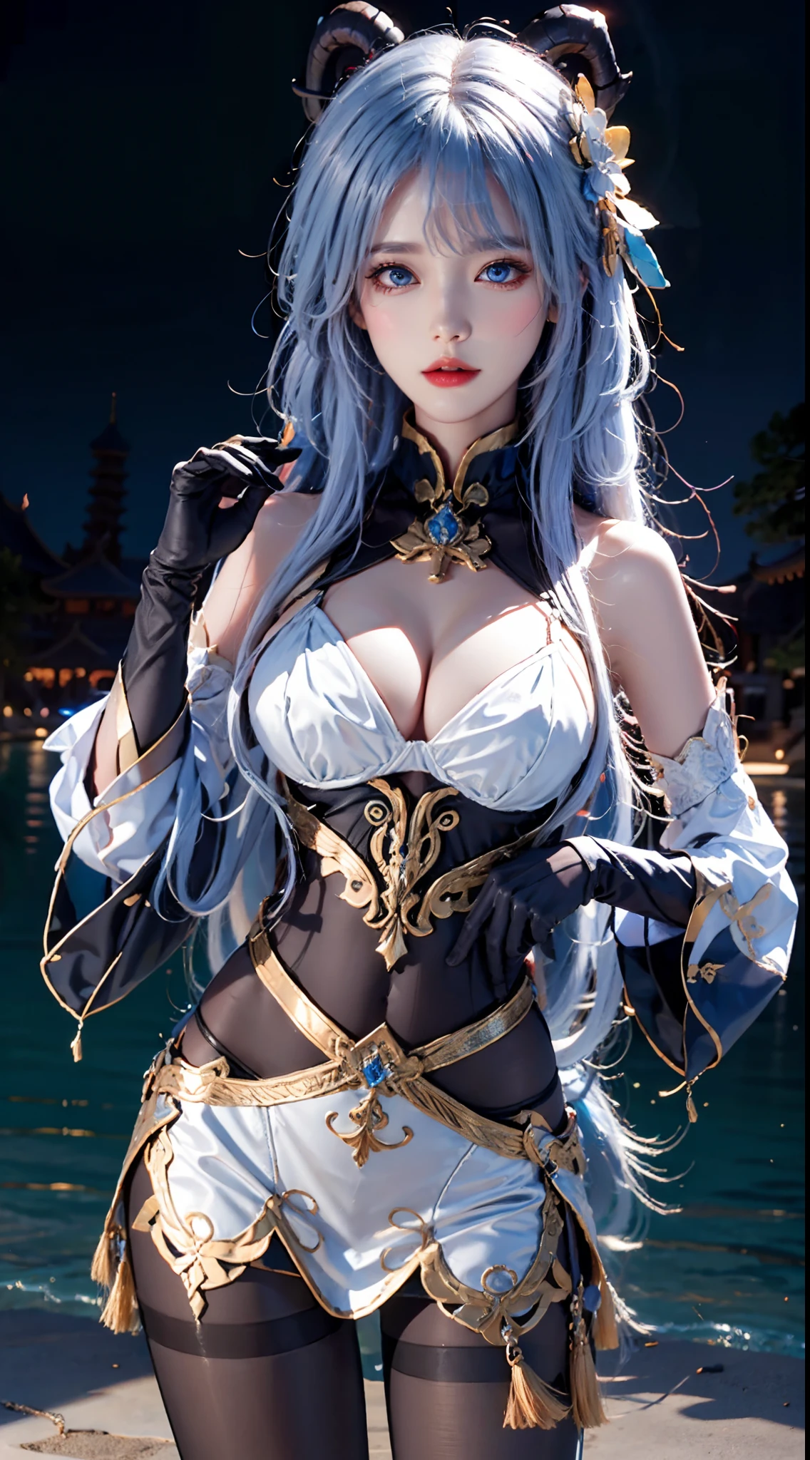 photorealistic, high resolution,masterpiece,best quality,ultra-detailed, 1women, hips up, blue eyes, ahoge, architecture, bangs, bare shoulders, bell, black gloves, black pantyhose, (blue hair), blush, breasts, chinese knot, detached sleeves, east asian architecture, flower knot, gloves, horns, long hair, medium breasts, neck bell, night, outdoors, pantyhose, purple eyes, tassel, white sleeves , intricate,