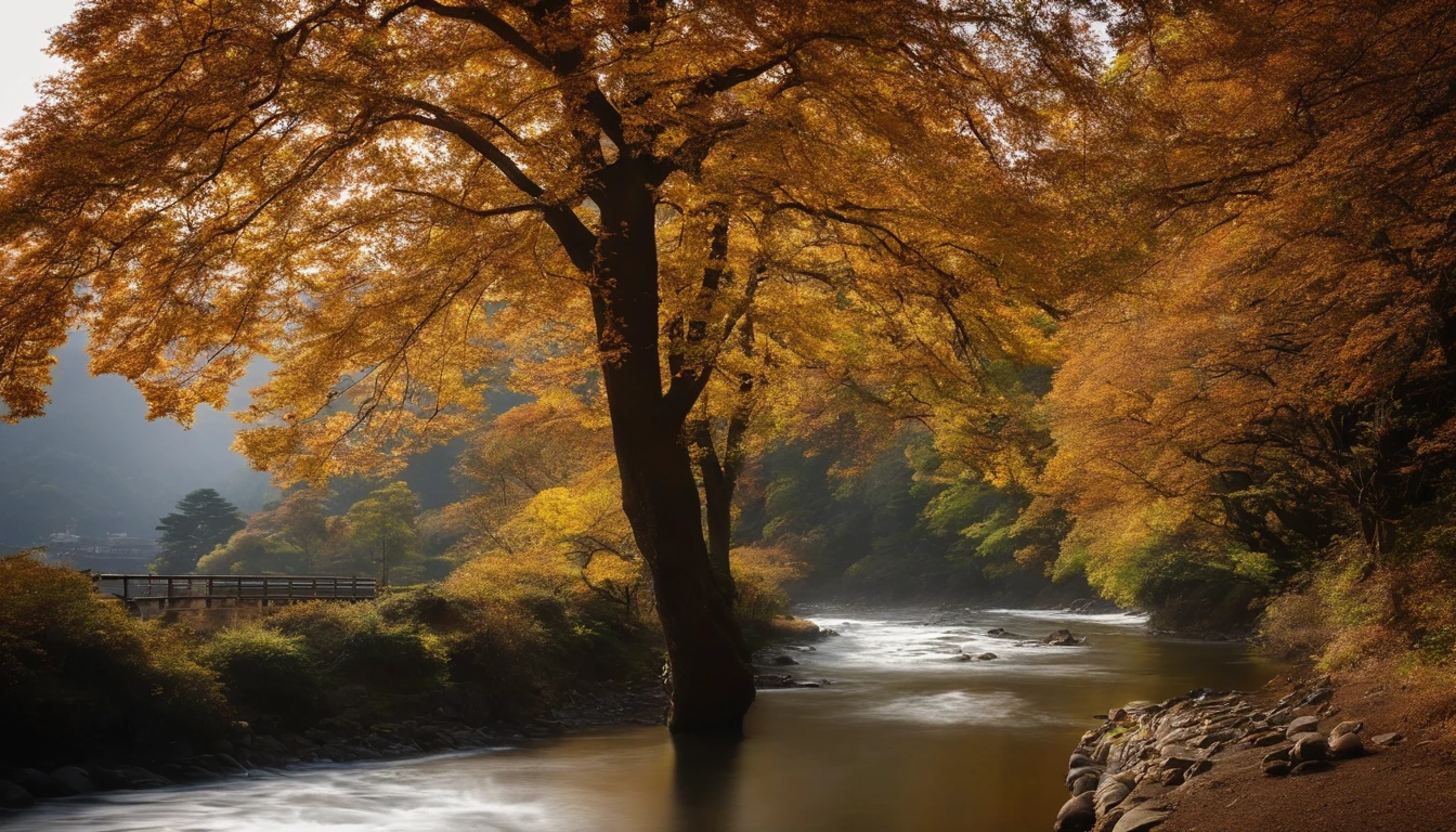 Autumn scenery of beautiful Arita City, Wakayama Prefecture、There are many nectar trees planted in the mountains、There are a lot of nectar fruits.。The Arida River flows through it.。Beautiful scenery of Wakayama