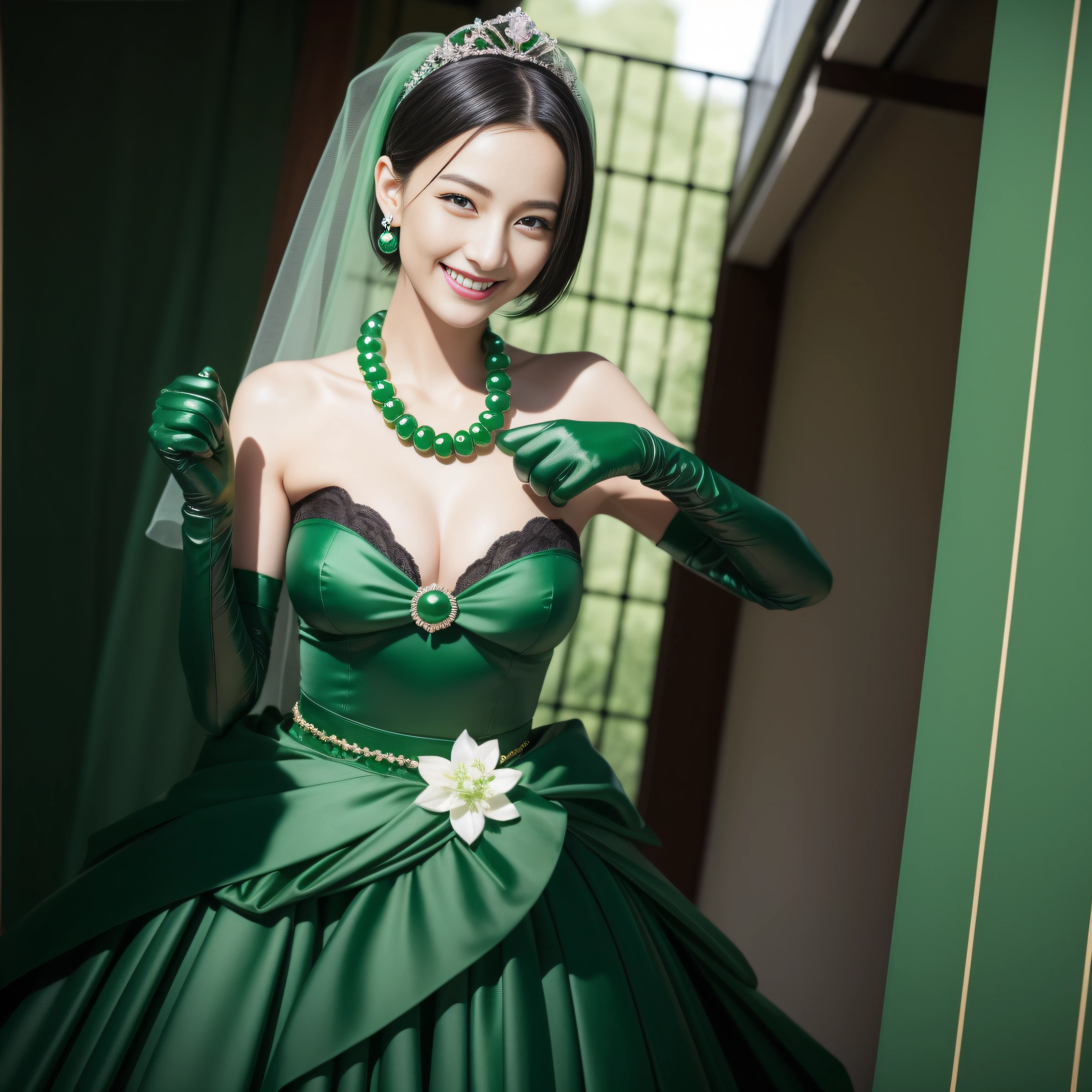 Boyish very short black hair, lipsticks, Japan woman smiling, Green Long Grove, Emerald Tia boyish very short black hair, lipsticks, Japan woman smiling, Satin green long gloves, Green Pearl Necklace, verd s eyes, Green eyes, Long green gloves made of satin material, big breasts beautiful, Green Bridal Veil, Green eyes, Emerald Earrings,emerald tiara