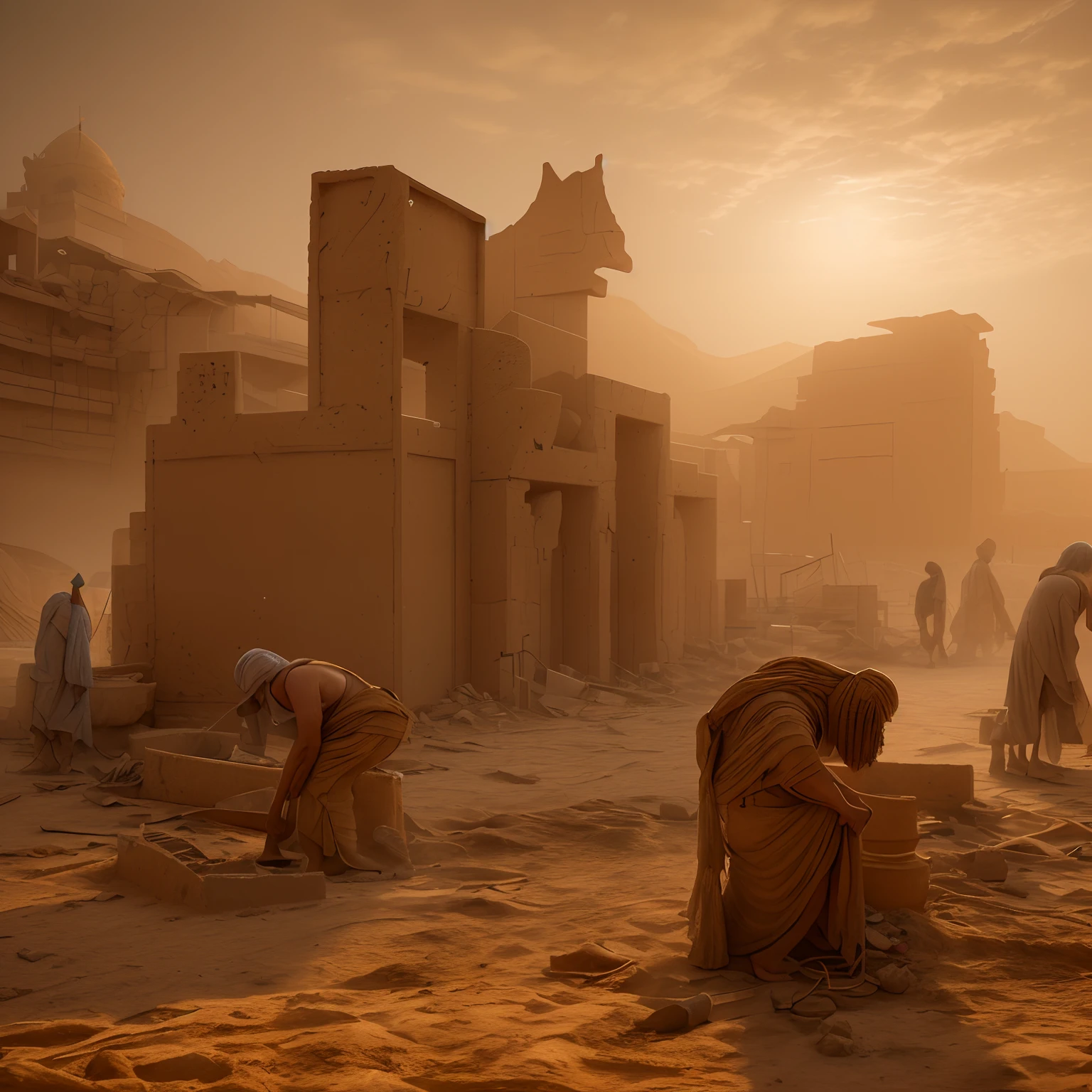 2.500 b.C. assyrians are working on a construction site in the desert, by Mike Winkelmann, dust clouds and building debris, dusty environment, full of sand and dust, blocking the sun, the sun's rays through the dust, ancient ruins under the desert, by Artur Tarnowski, during sandstorm, city in desert, inspired by Mike Winkelmann