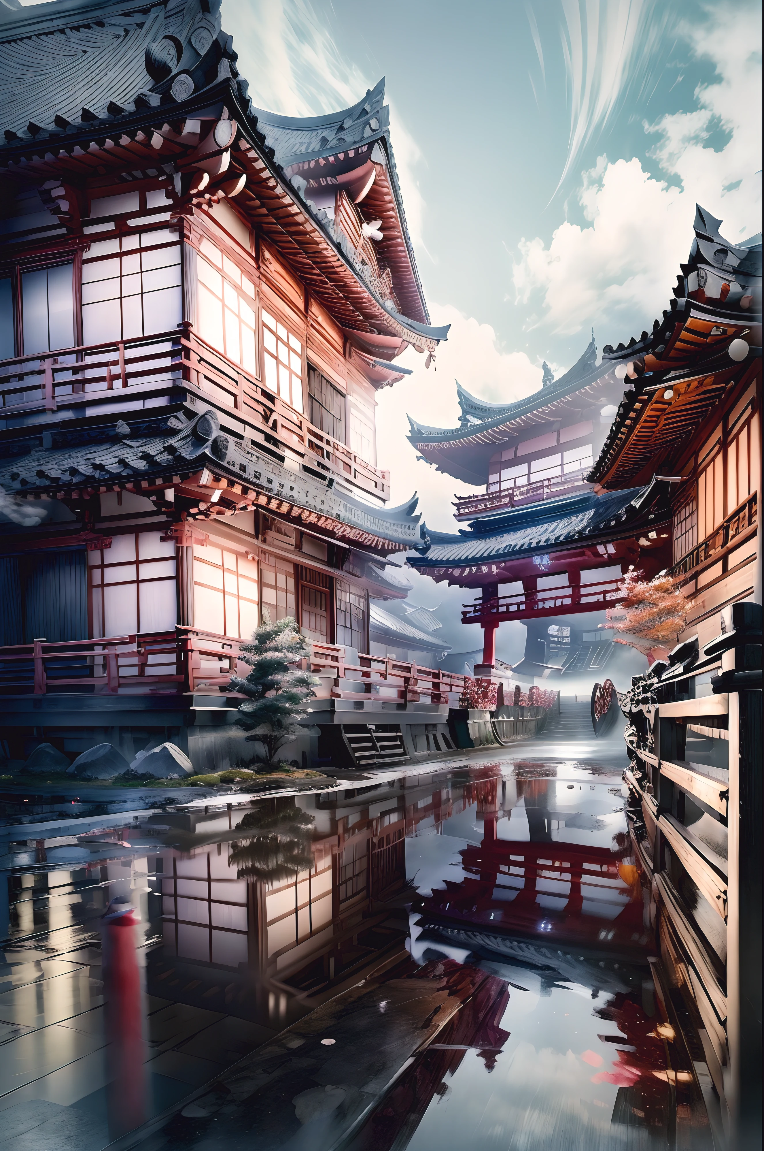 the Extremely Detailed CG Unity 8K Wallpapers, Wearing kimono_Clothes, Wooden Bridge, Sakuramon, wreath,Kimono trimmed with lace, Stone brick road, Wet road, clogs, Two toe socks