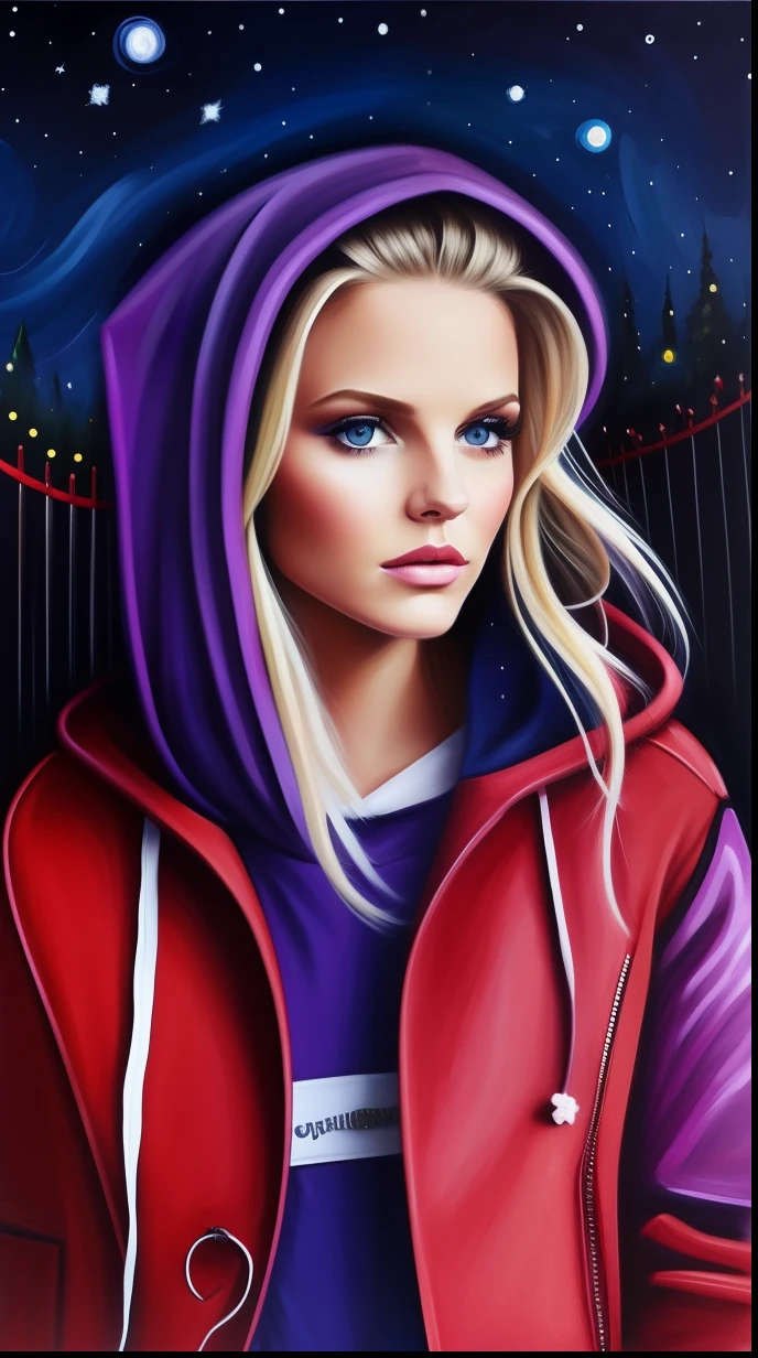 Kelly smith fashion illustration, blonde woman blue eyes, purple hoodie, red leather jacket, feminine, starry night, artistic brushstrokes