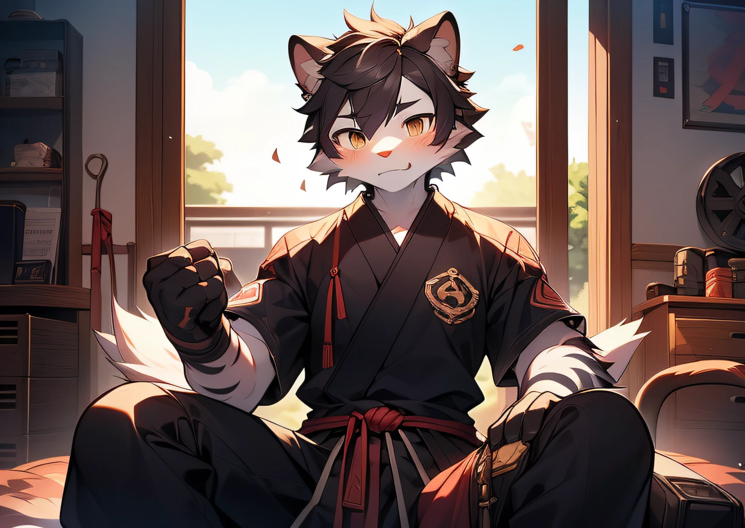with a well-proportioned body,the white tiger,on cheongsam,Martial arts palms,Black streaks,Takekan,Stakes,Facing sun outside the window,Practice boxing,tire,Sweating and panting,Lateral face,solo person,Driving stakes,Black strap cinched waist,Black broken hair,
