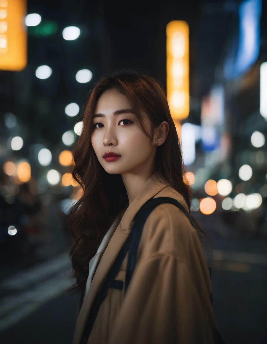 travellers, in the style of rap aesthetics, girl，Tokyo, Japan，make for a memorable photo.      The background is to the of traditional Japanese streets and vibrant nightlife，photo taken with fujifilm superia, charly amani, oversized portraits, babycore, upper body