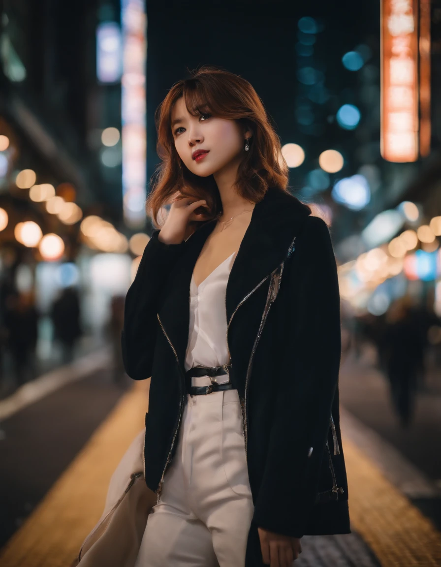 1girl, Tokyo street,night, cityscape,city lights, upper body,close-up, 8k, RAW photo, best quality, masterpiece,realistic, photo-realistic,