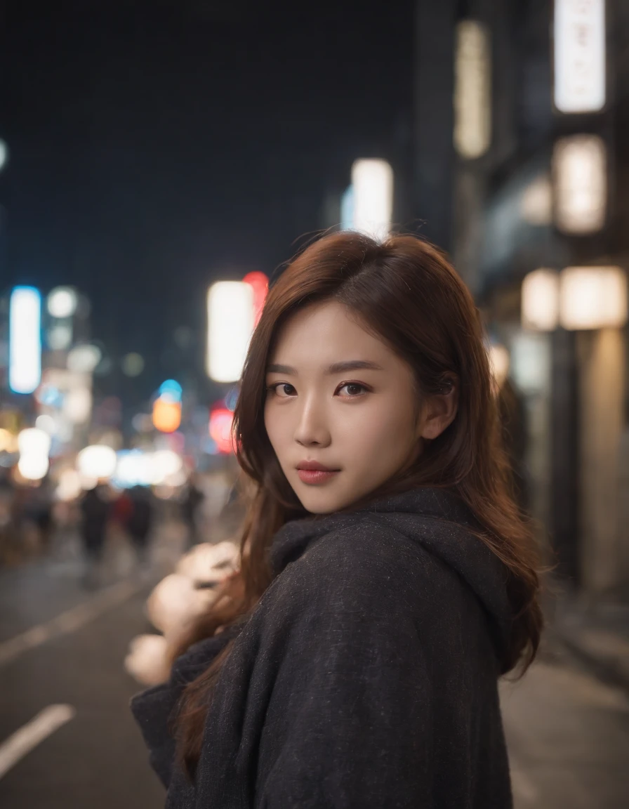 1girl, Tokyo street,night, cityscape,city lights, upper body,close-up, 8k, RAW photo, best quality, masterpiece,realistic, photo-realistic,