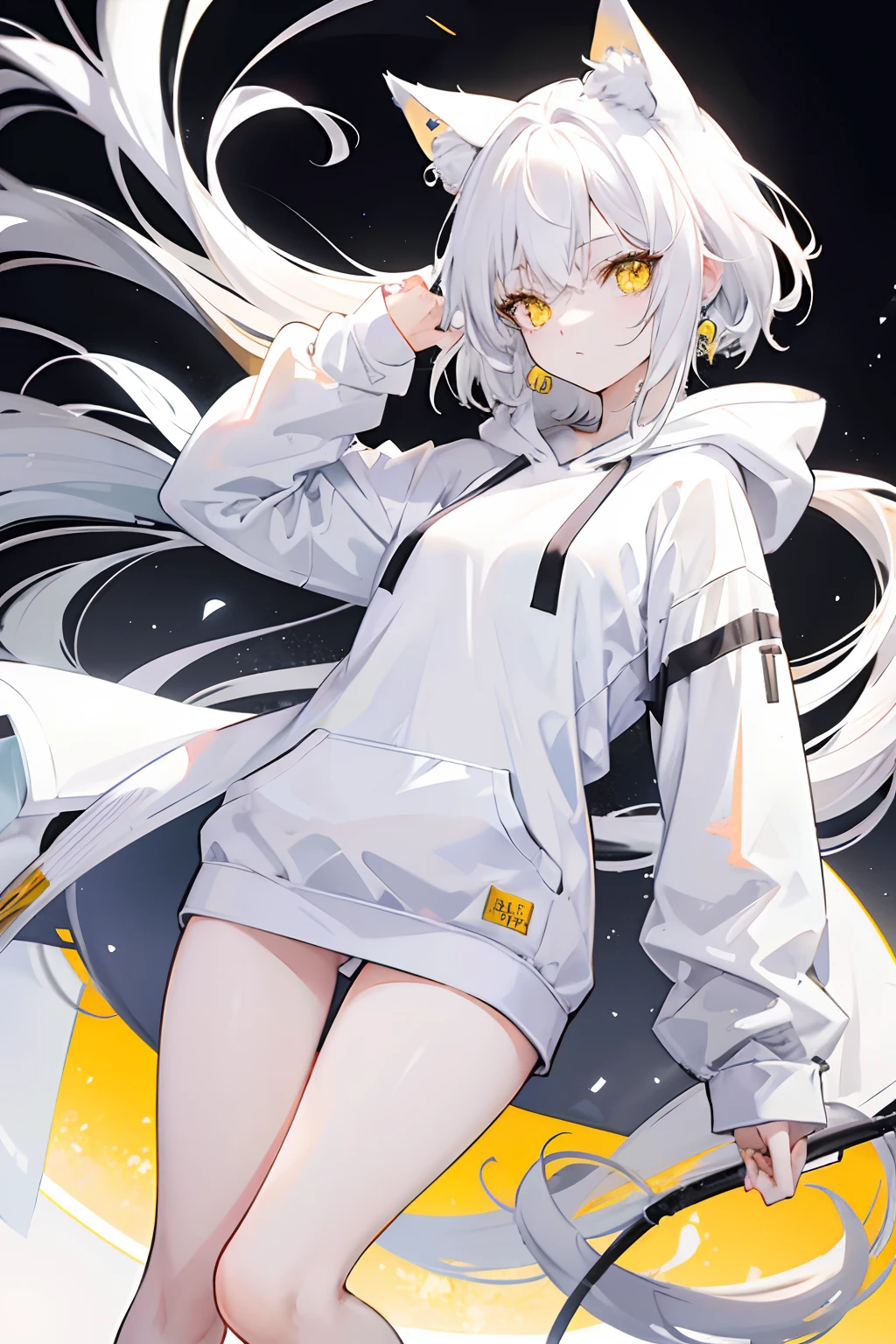 An anime girl with long white hair, cat ears, beautiful yellow eyes, in a white hoodie, bare legs, expressionless, in the same image as a anime guy that is mature, short white hair, wearing cross earrings, yellow eyes, expressionless as well, wearing a white hoodie, 8k, high resolution