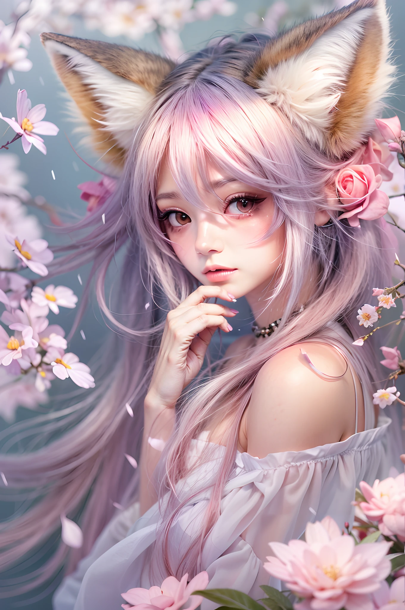 Nine snow-white fox tails (1.0), milky fox tail (1.0), fox close-up of nine tails, nine-tails, nine-tails, anime girl with pink hair and pink dress with flowers on her hair, very beautiful anime fox girl, beautiful anime fox girl, beautiful fantasy anime, guweiz, anime girl with fox ears, beautiful anime girl, very beautiful and cute fox girl, pink flower rain, background blur, anime style 4 K, anime fantasy artwork, 4k anime wallpaper, Artwork in the Guvez style