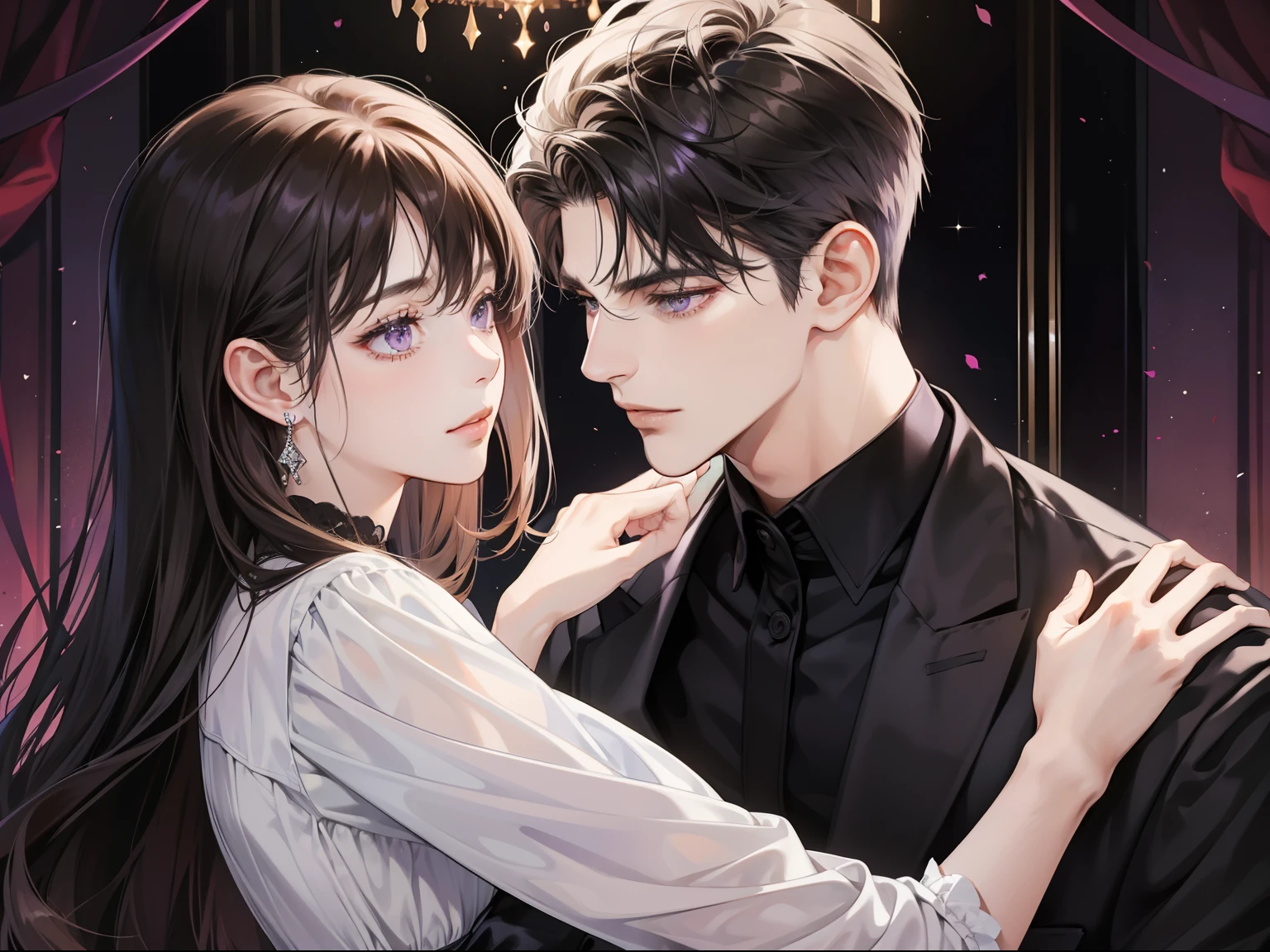 Couple, 1 girl 1 boy, different hair color, long black hair and purple eyes, short brown hair and grey eyes, romance, black suite, black dress, UK, luxury room background, face to face, romantic