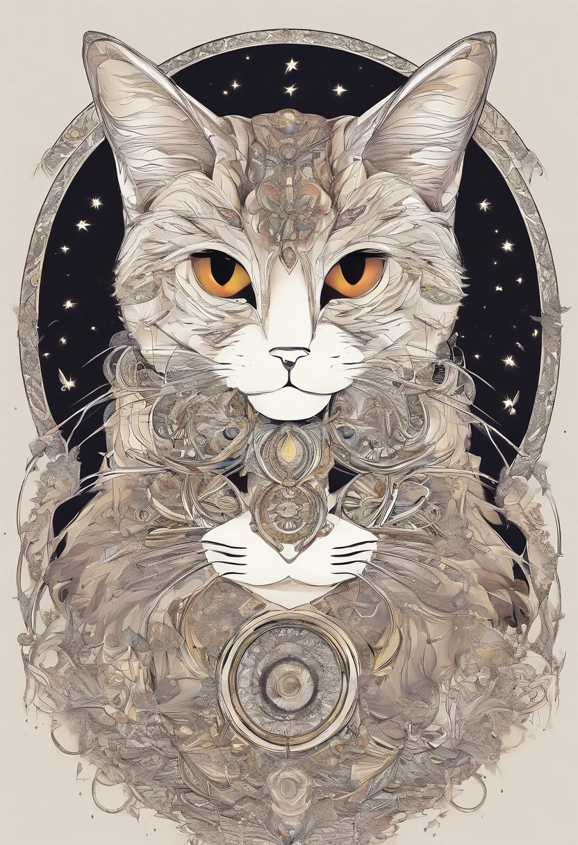(Cat in the circle of dream catchers),"T-shirt design with circle drawing silhouette of cat face, Crescent, and stars in the