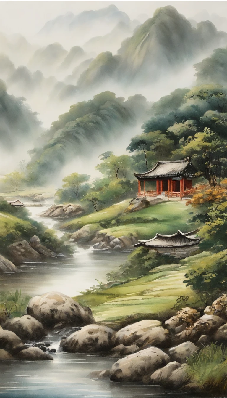 Chinese landscape painting，ink and watercolor painting，water ink，ink，Smudge，Faraway view，Ultra-wide viewing angle，Meticulous，Five cow diagram，Five scalpers，River side，Small Stone Bridge，grassy fields，The tree，The vista is a mountain，（8k wallpaper），（light and shadow effect），rendering by octane，White balance design，Extremely detailed picture depiction，wide angles，depth of fields，tmasterpiece，realisticlying，Beautifully depicted，A detailed，acurate，Works of masters，tmasterpiece