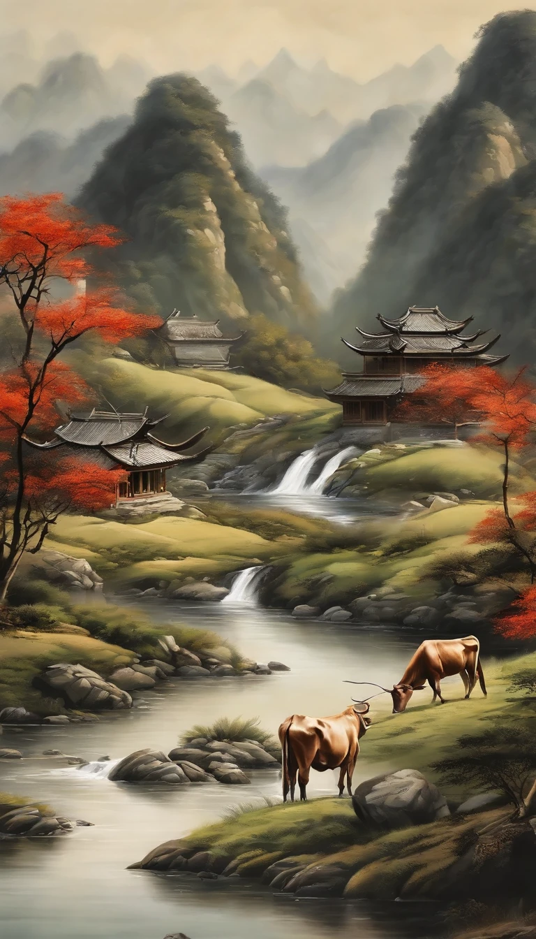 Chinese landscape painting，ink and watercolor painting，water ink，ink，Smudge，Faraway view，Ultra-wide viewing angle，Meticulous，Five cow diagram，Five scalpers，River side，Small Stone Bridge，grassy fields，The tree，The vista is a mountain，（8k wallpaper），（light and shadow effect），rendering by octane，White balance design，Extremely detailed picture depiction，wide angles，depth of fields，tmasterpiece，realisticlying，Beautifully depicted，A detailed，acurate，Works of masters，tmasterpiece