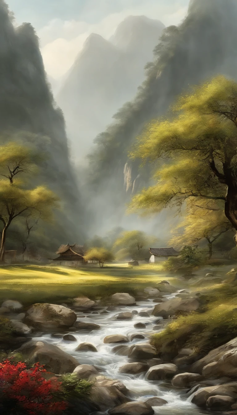 Chinese landscape painting,ink and watercolor painting,water ink,ink,Smudge,Faraway view,Ultra-wide viewing angle,Meticulous,Five cow diagram,Five scalpers,River side,Small Stone Bridge,grassy fields,The tree,The vista is a mountain,(8k wallpaper),(light and shadow effect),rendering by octane,White balance design,Extremely detailed picture depiction,wide angles,depth of fields,tmasterpiece,realisticlying,Beautifully depicted,A detailed,acurate,Works of masters,tmasterpiece