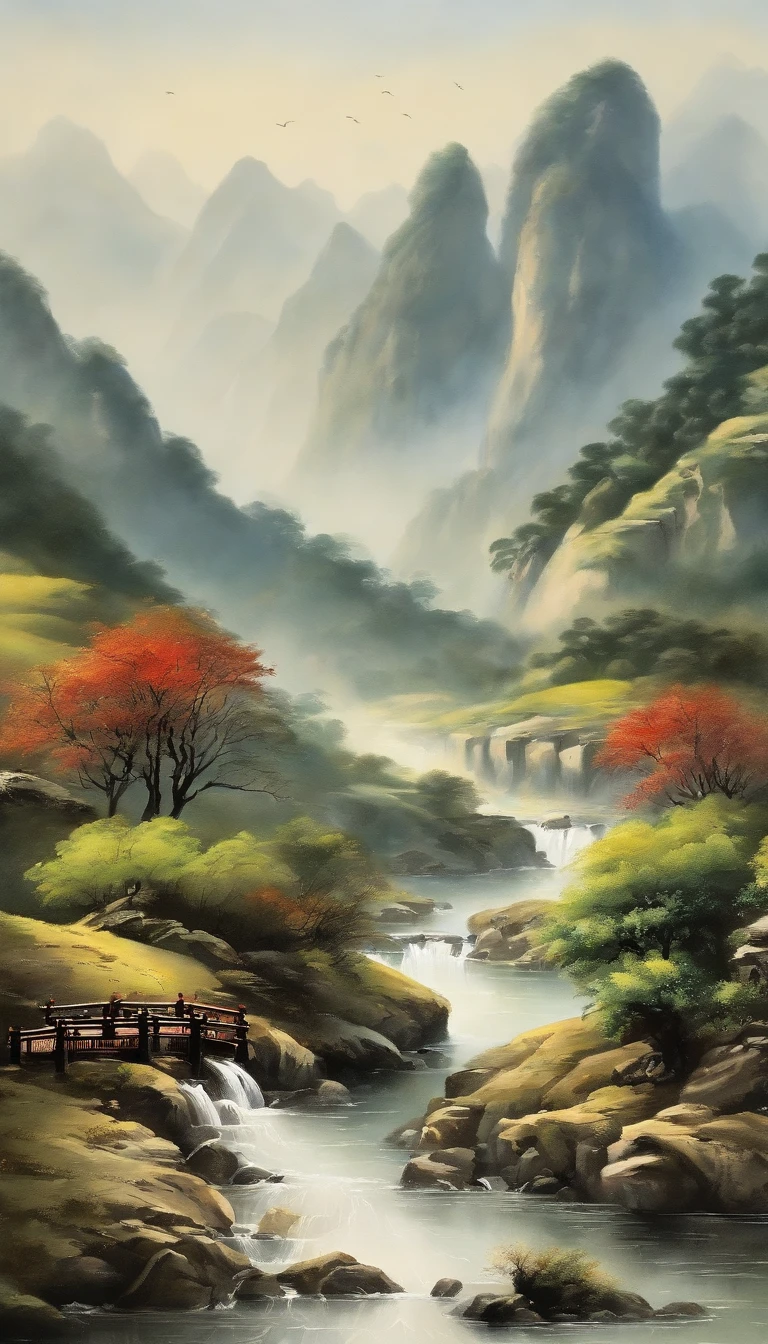 Chinese landscape painting,ink and watercolor painting,water ink,ink,Smudge,Faraway view,Ultra-wide viewing angle,Meticulous,Five cow diagram,Five scalpers,River side,Small Stone Bridge,grassy fields,The tree,The vista is a mountain,(8k wallpaper),(light and shadow effect),rendering by octane,White balance design,Extremely detailed picture depiction,wide angles,depth of fields,tmasterpiece,realisticlying,Beautifully depicted,A detailed,acurate,Works of masters,tmasterpiece