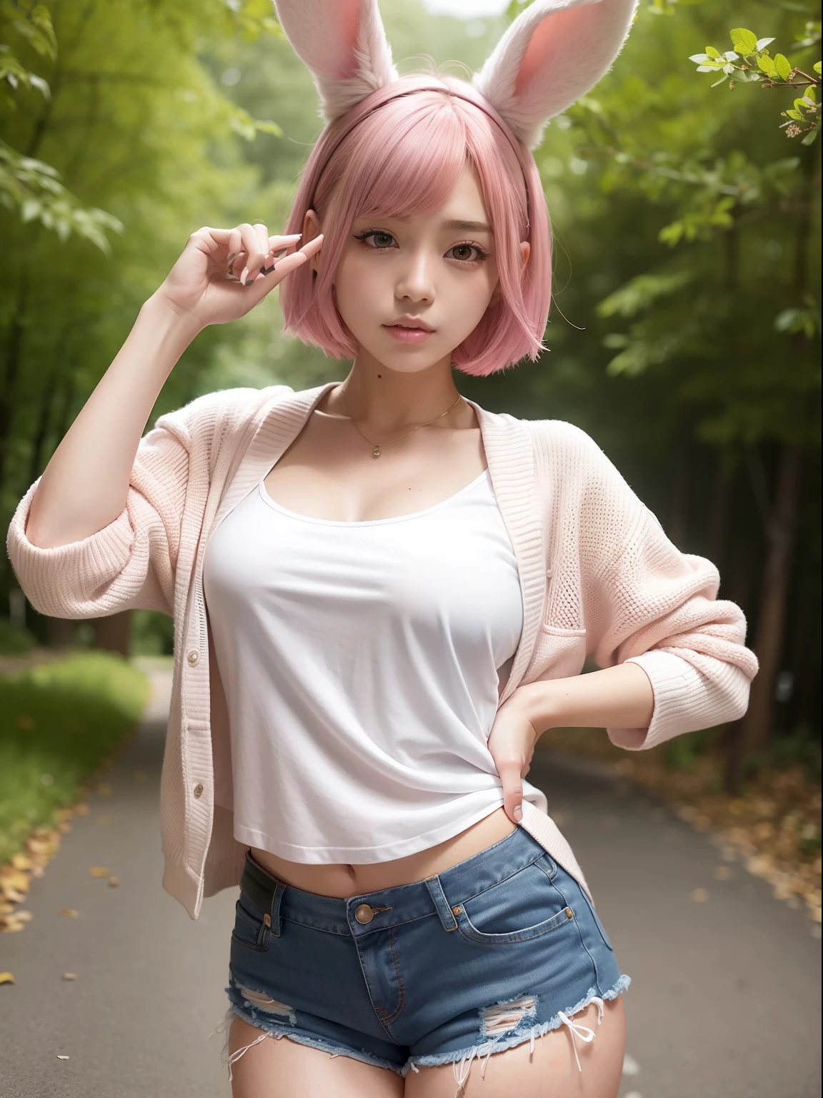 Mountain road of autumn leaves、pink hoodie、cleavage of the breast、Jeans Fabric Shorts、Pink Shortcut Bob、Realistic rabbit ears、rabbit ears pink hair sticking out of the head,,,,,,,、Bewitching atmosphere、Beautiful shaped hands、K-POP、Pink rabbit ears、1 girl in、独奏、masterpiece、top-quality、realisitic、Hyper-detailing、(Glossy skin:1.4)、absurderes、short pink hair、Slender beauties、动态照明、hight resolution、foco nítido、depth of fields、(thick thight:1.0)、A slender :1.2、((Short-cut bob hair))、((k pop:1.3))、Highly detailed facial and skin texture、((魅惑的))、Anatomically correct number of fingers、Correct anatomy、