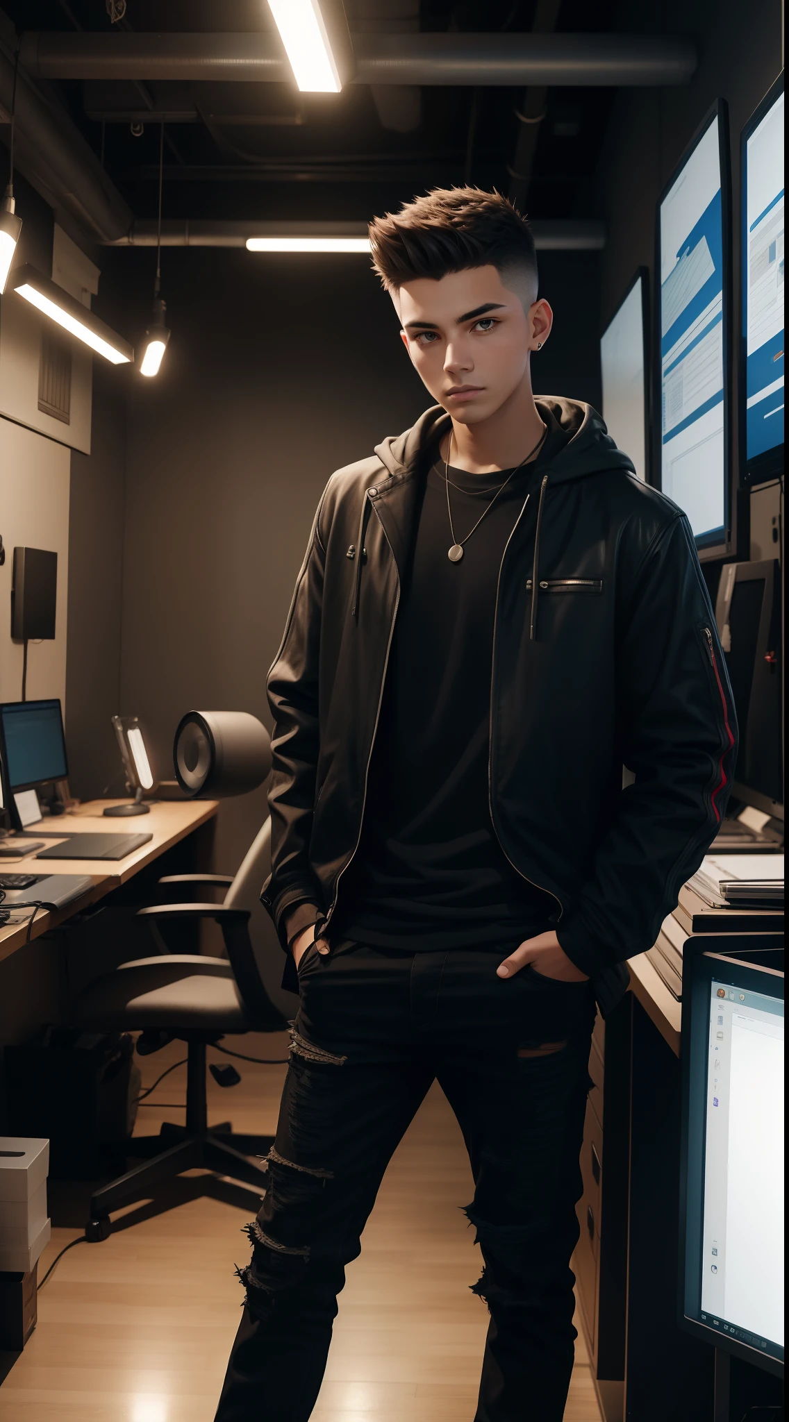young man name urban legend with short spiky hair in Studio co seeing camera front siting alone show full body