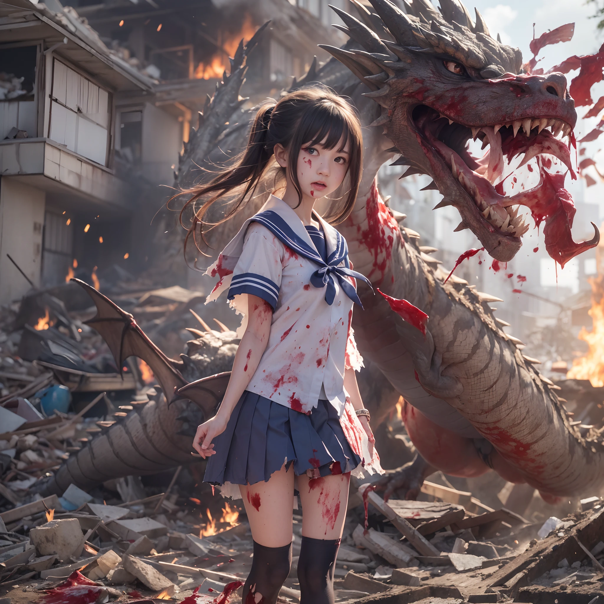 (in 8K、RAW Photos、top-quality、​masterpiece:1.2)、(realisitic、Photorealsitic:1.37)、ultra-detailliert、超A high resolution、(Giant Dragon:1.2)、Beautiful 15-year-old high school girl in Japan attacked by a giant dragon in devastated Tokyo、terrified expression、School Uniforms、Schoolgirl Uniform、(Torn and dirty tattered sailor suit:1.2)、disheveled clothing、ripped fabric、(Clothes with blood stains:1.2)、Short pleated skirt、(Torn skirt:1.2)、Dirty hair、smudged face、(skin stained with blood and dust:1.2)、Running through the rubble、building crumbling、Burning flame、stunningly beautiful face、dynamic ungle、动态照明