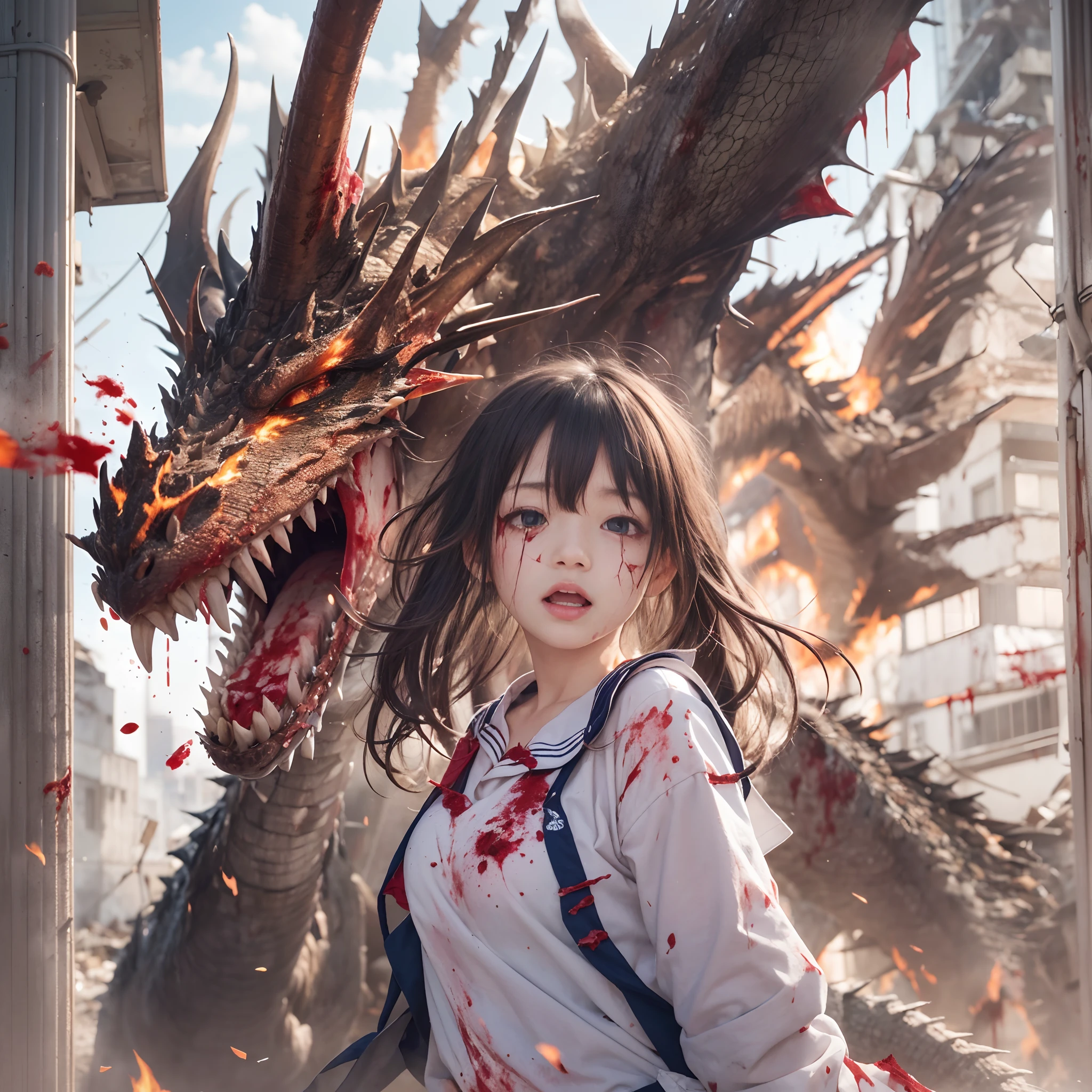 (in 8K、RAW Photos、top-quality、masterpiece:1.2)、(realisitic、Photorealsitic:1.37)、ultra-detailliert、超A high resolution、(Giant Dragon:1.2)、Beautiful 15-year-old high school girl in Japan attacked by a giant dragon in devastated Tokyo、terrified expression、School Uniforms、Schoolgirl Uniform、(Torn and dirty tattered sailor suit:1.2)、disheveled clothing、ripped fabric、(Clothes with blood stains:1.2)、Short pleated skirt、(Torn skirt:1.2)、Dirty hair、smudged face、(skin stained with blood and dust:1.2)、Running through the rubble、building crumbling、Burning flame、stunningly beautiful face、dynamic ungle、动态照明